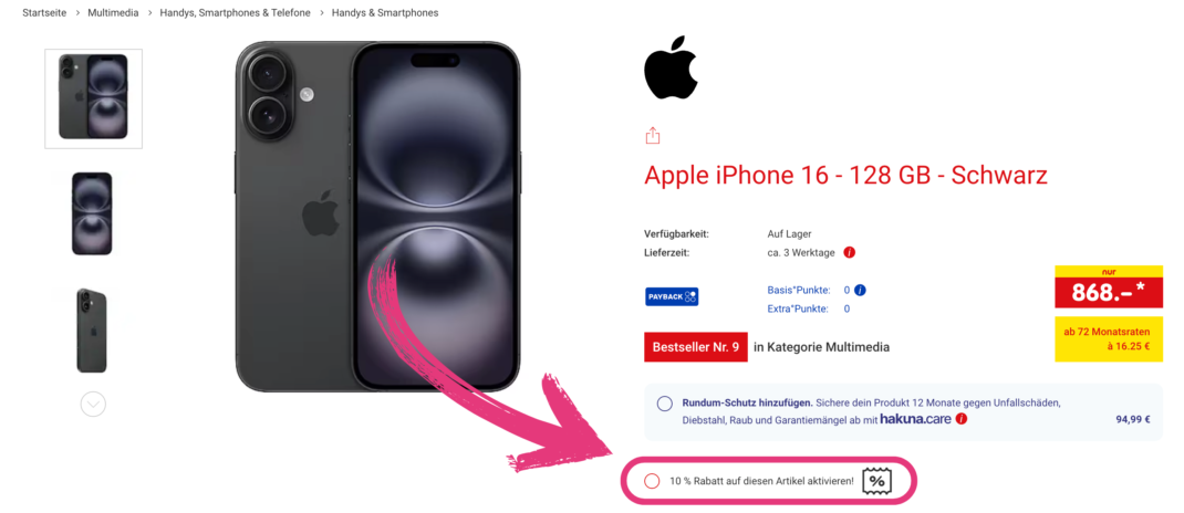 10 Prozent Rabatt aufs iPhone 16 bei Netto aktivieren