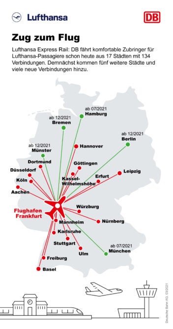 Eine Deutschland-Karte mit den ICE-Verbindungen zum Flughafen Frankfurt