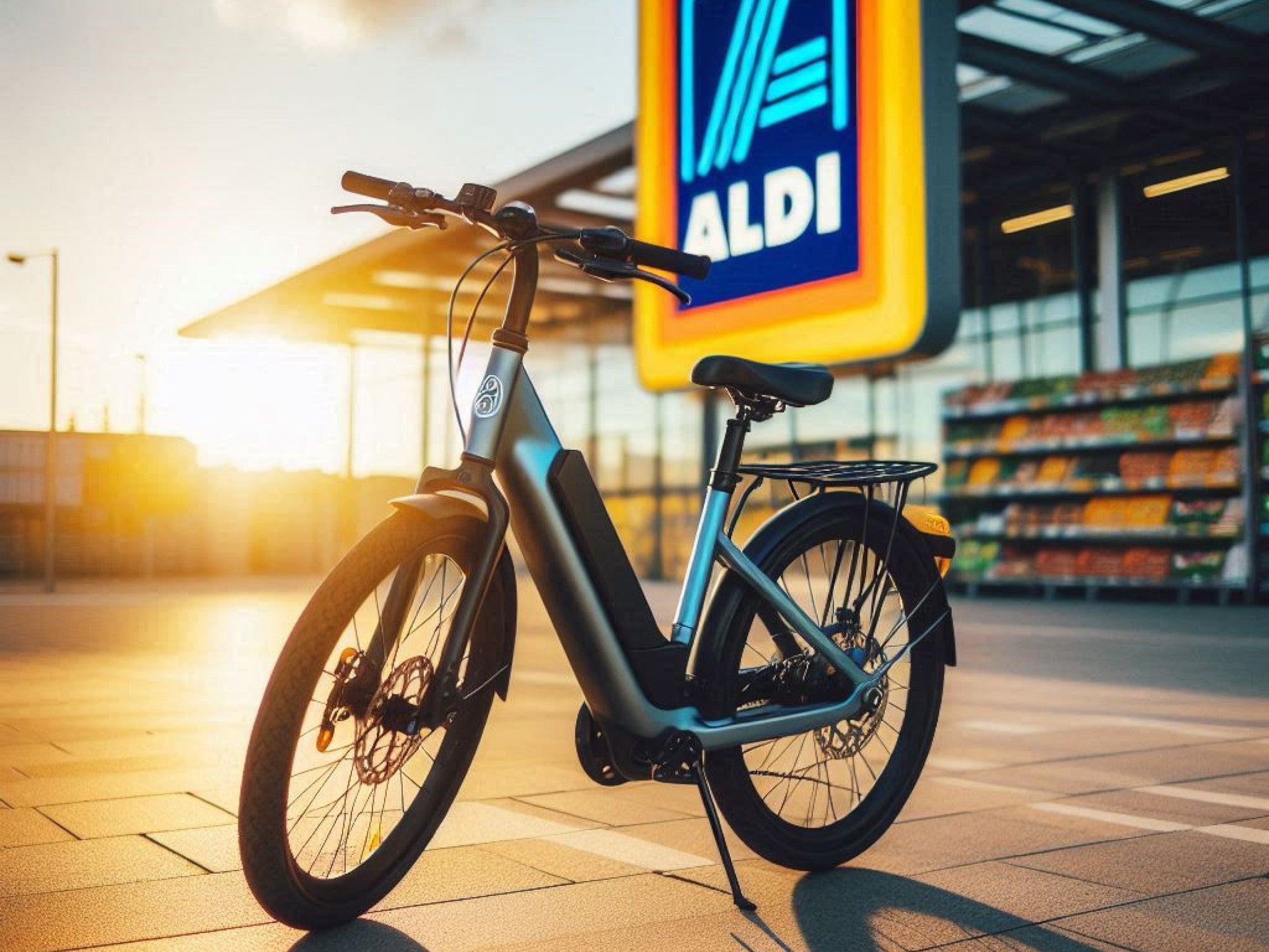 E-Bike steht im Sonnenlicht vor einer Aldi-Filiale.