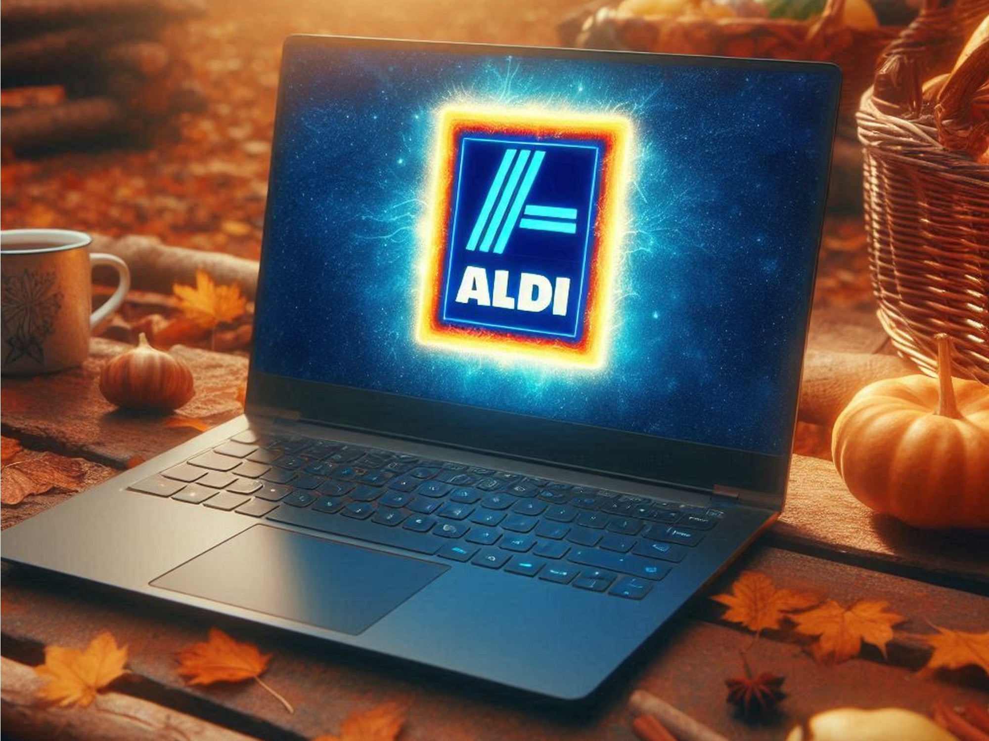 Laptop mit dem Logo von Aldi auf dem Display in herbstlicher Umgebung.