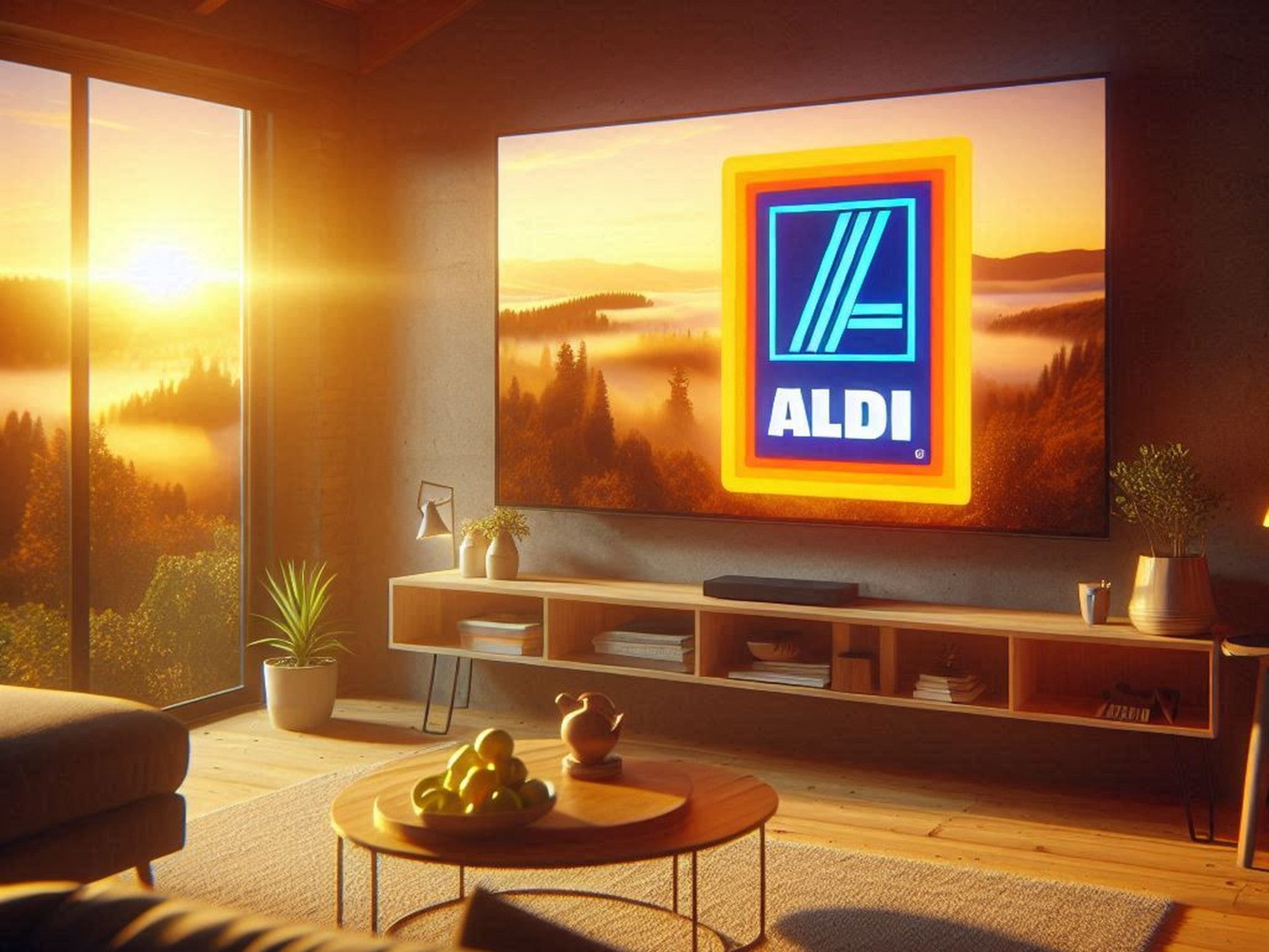 Fernseher mit dem Logo von Aldi auf dem Bildschirm in eine Wohnzimmer.