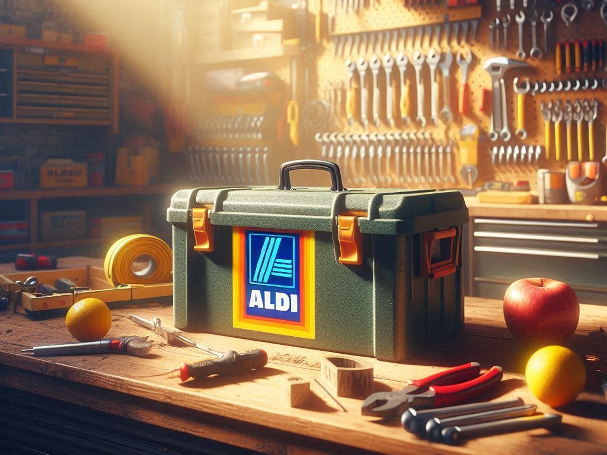 Werkzeugbox mit Logo von Aldi steht in einer Werkstatt auf einer Werkbank.