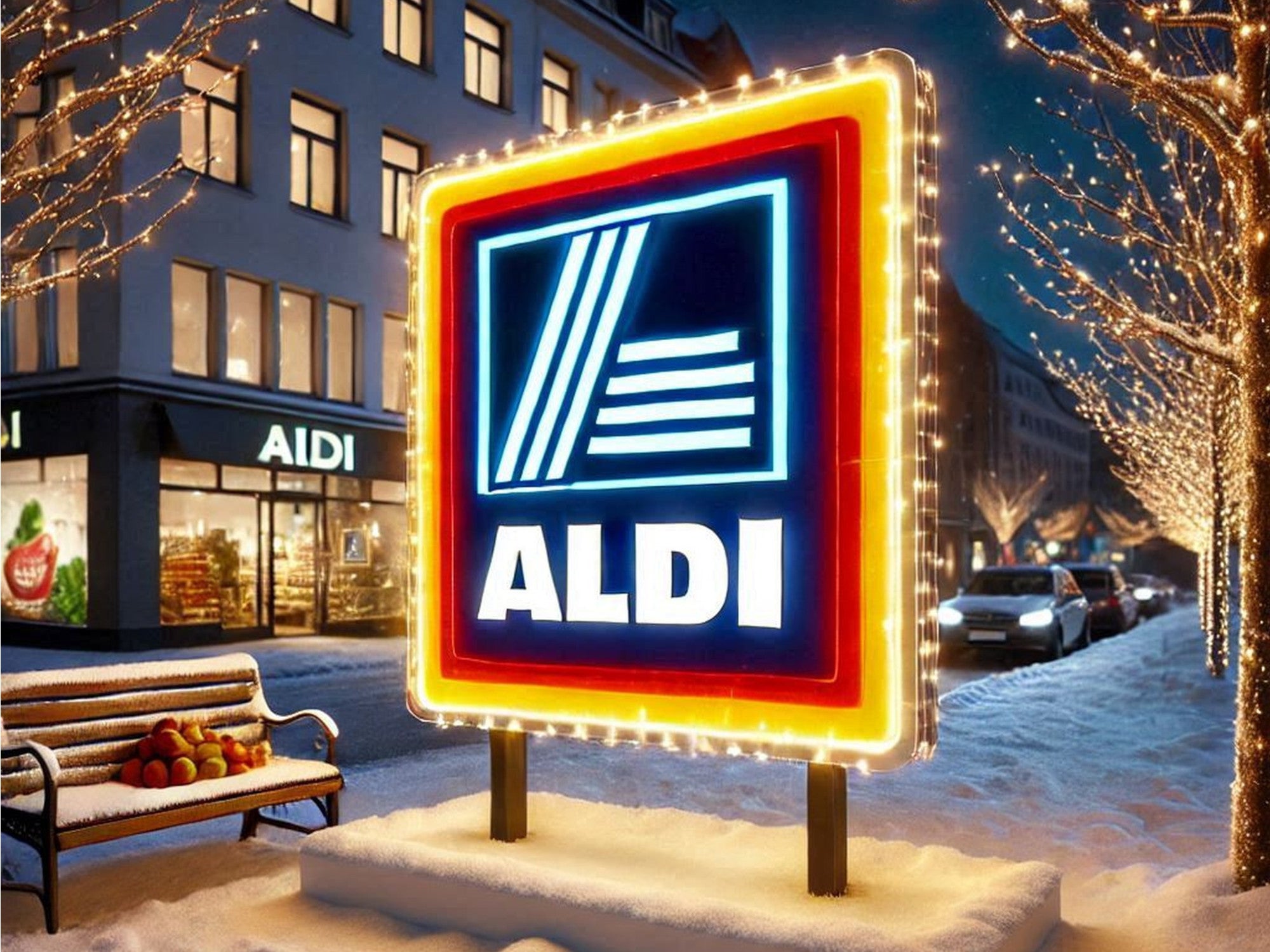 Aldi Logo auf einem Schild in einer winterlichen Stadt-Umgebung.