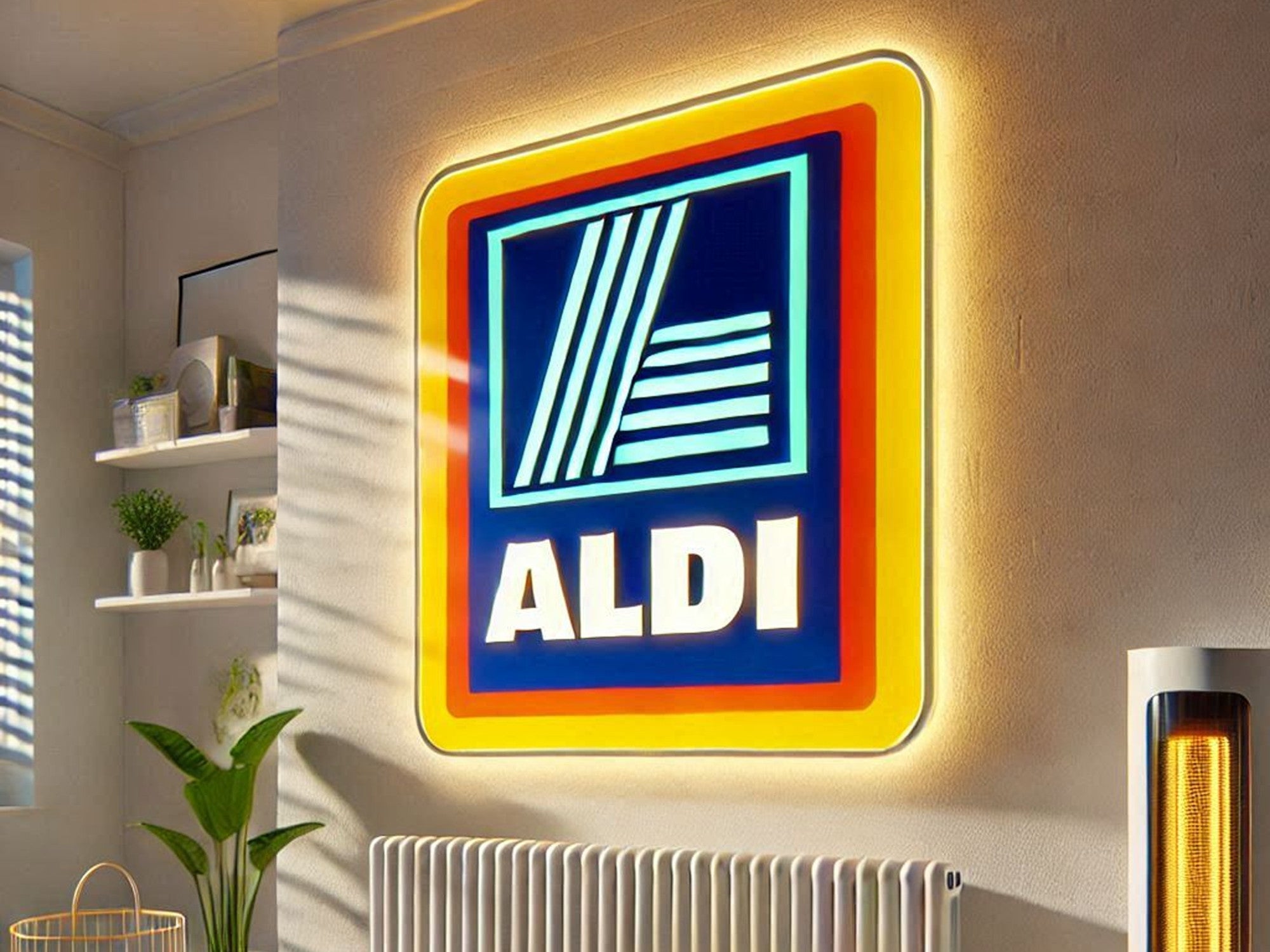 Aldi-Logo in einem Wohnzimmer.