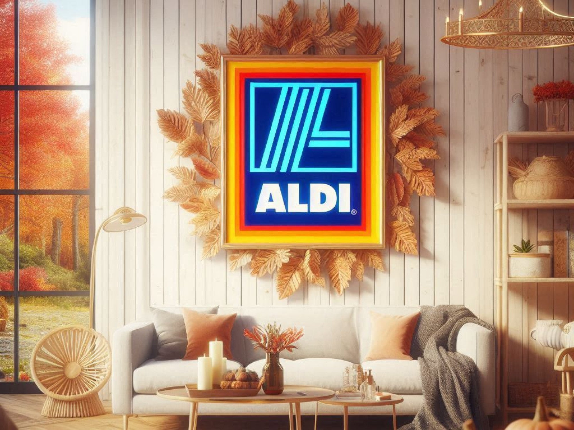 Aldi-Logo an einer Wand in einem Wohnzimmer mit herbstlicher Stimmung.