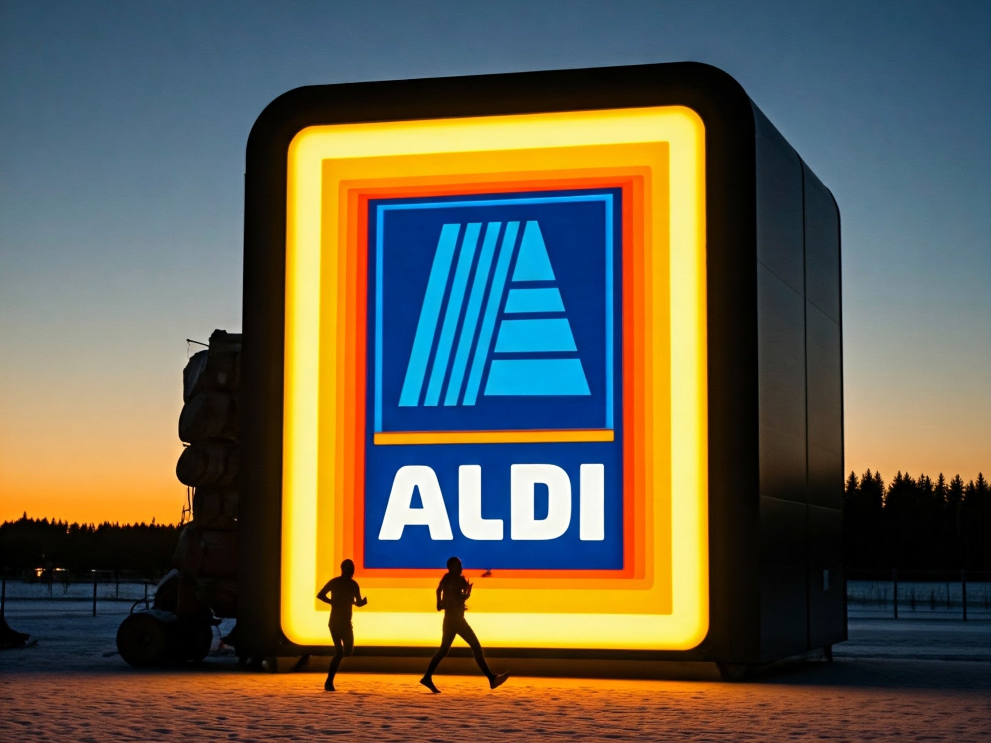 Aldi-Logo in einer nächtlichen Atmosphäre.