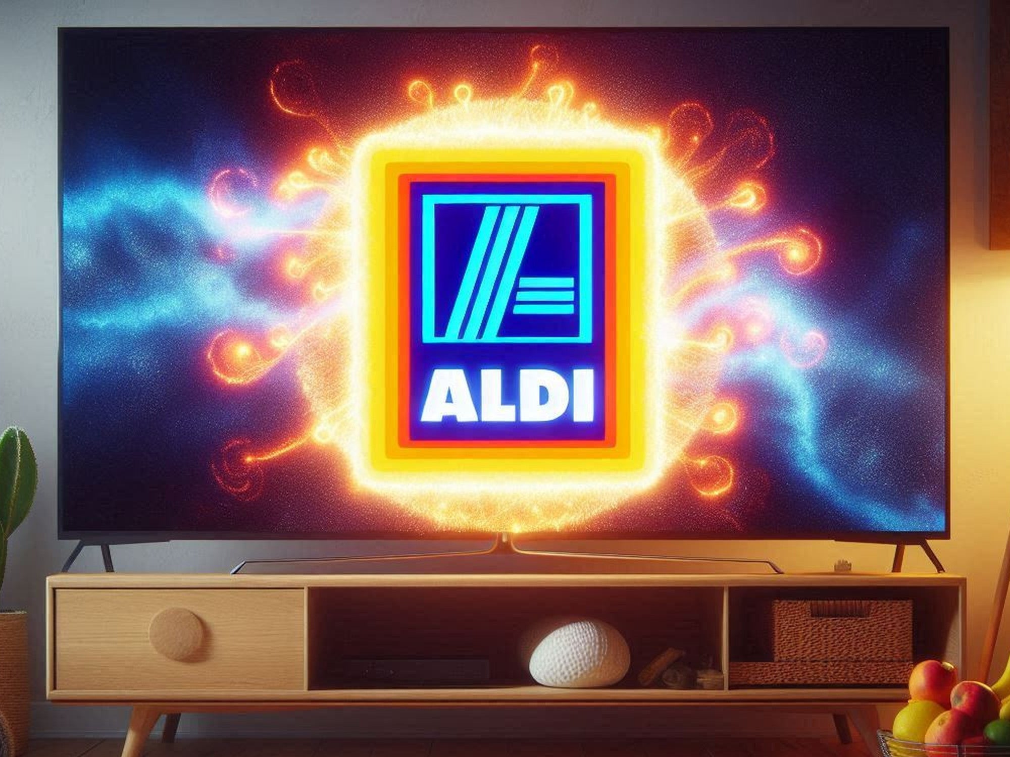 Fernseher in einem Wohnzimmer mit Aldi-Logo auf dem Bildschirm.