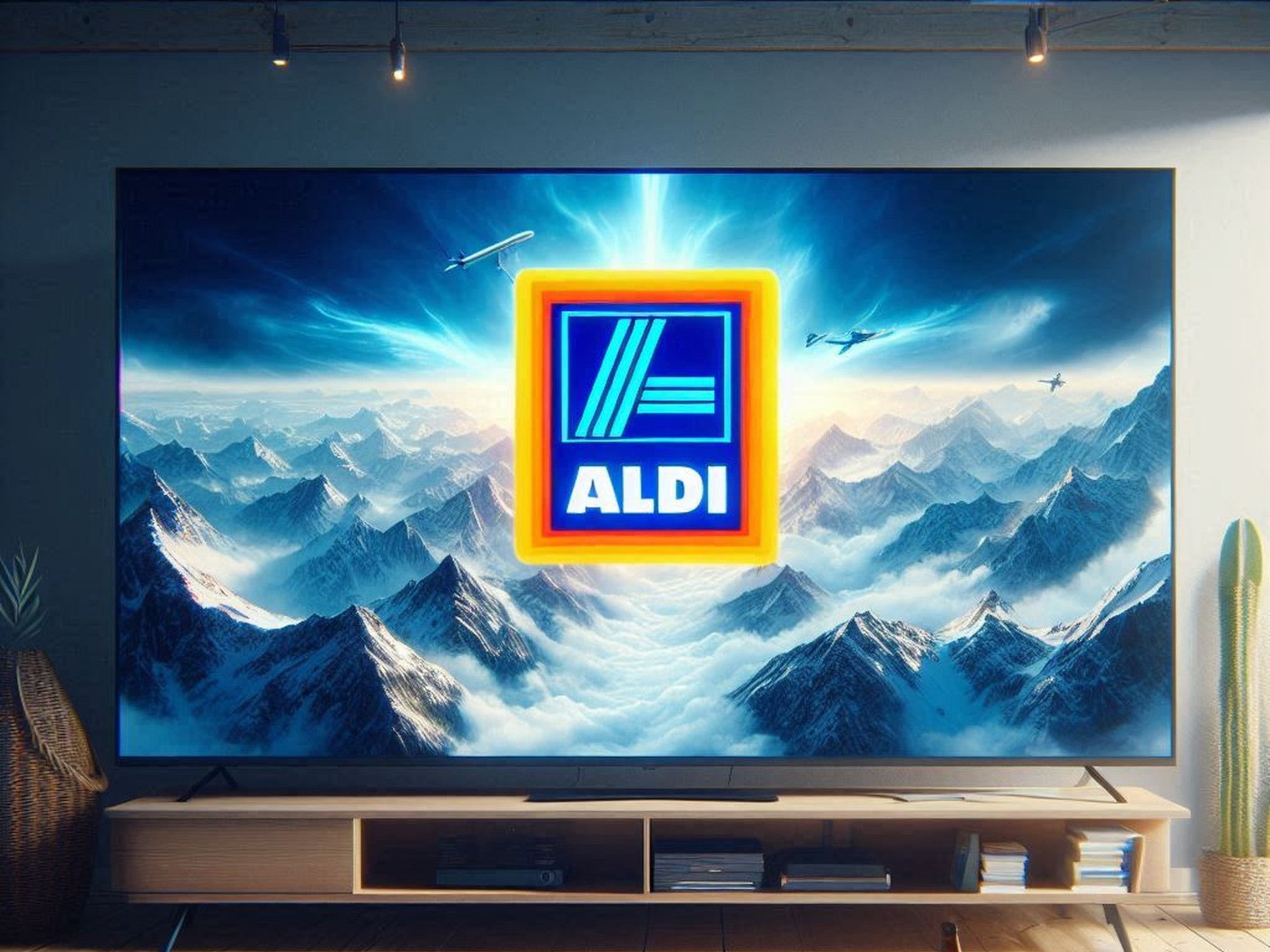 Aldi-Logo auf einem Fernseher in einem Wohnzimmer.