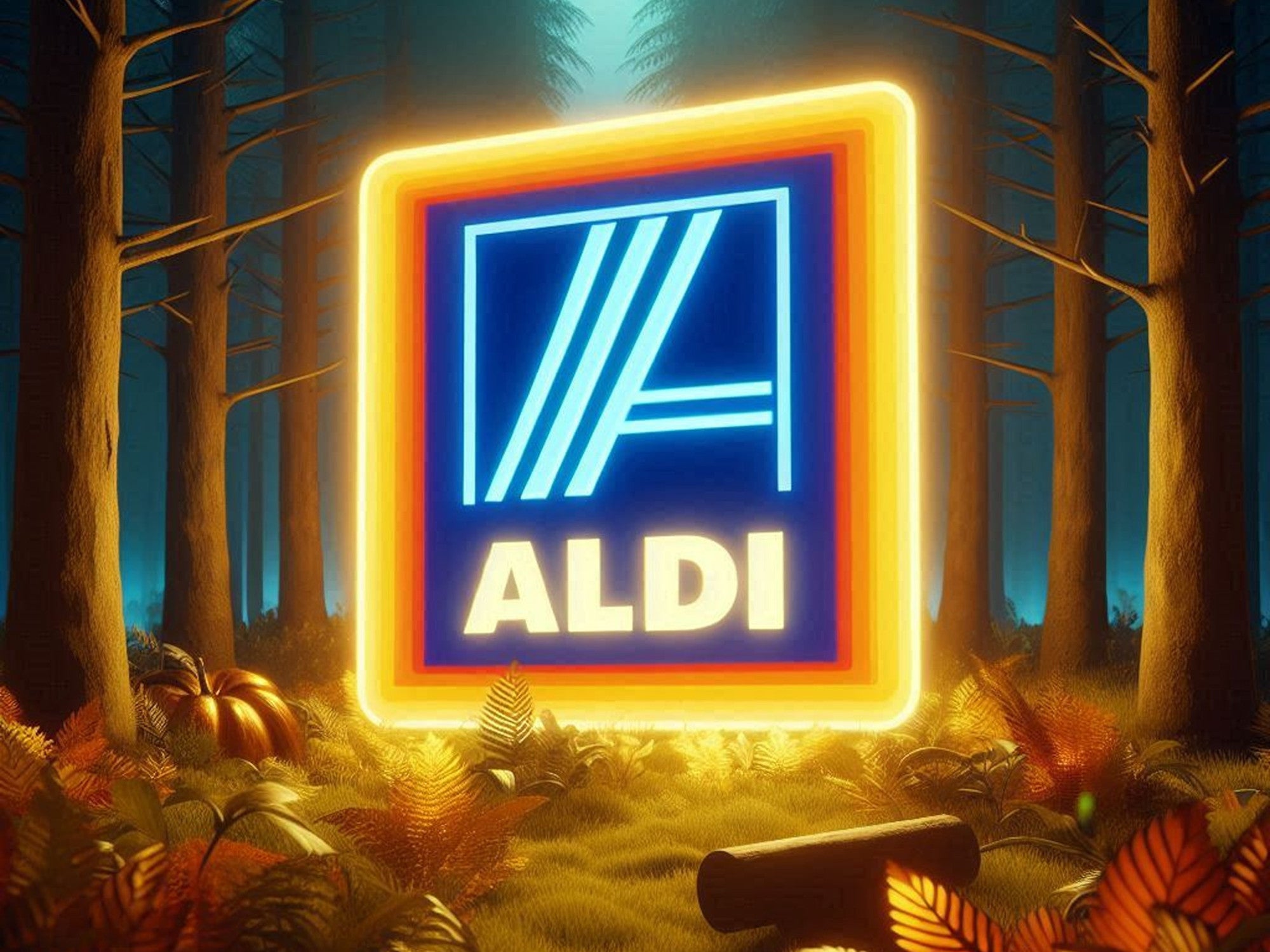 Glühendes Aldi-Logo in einem Wald.