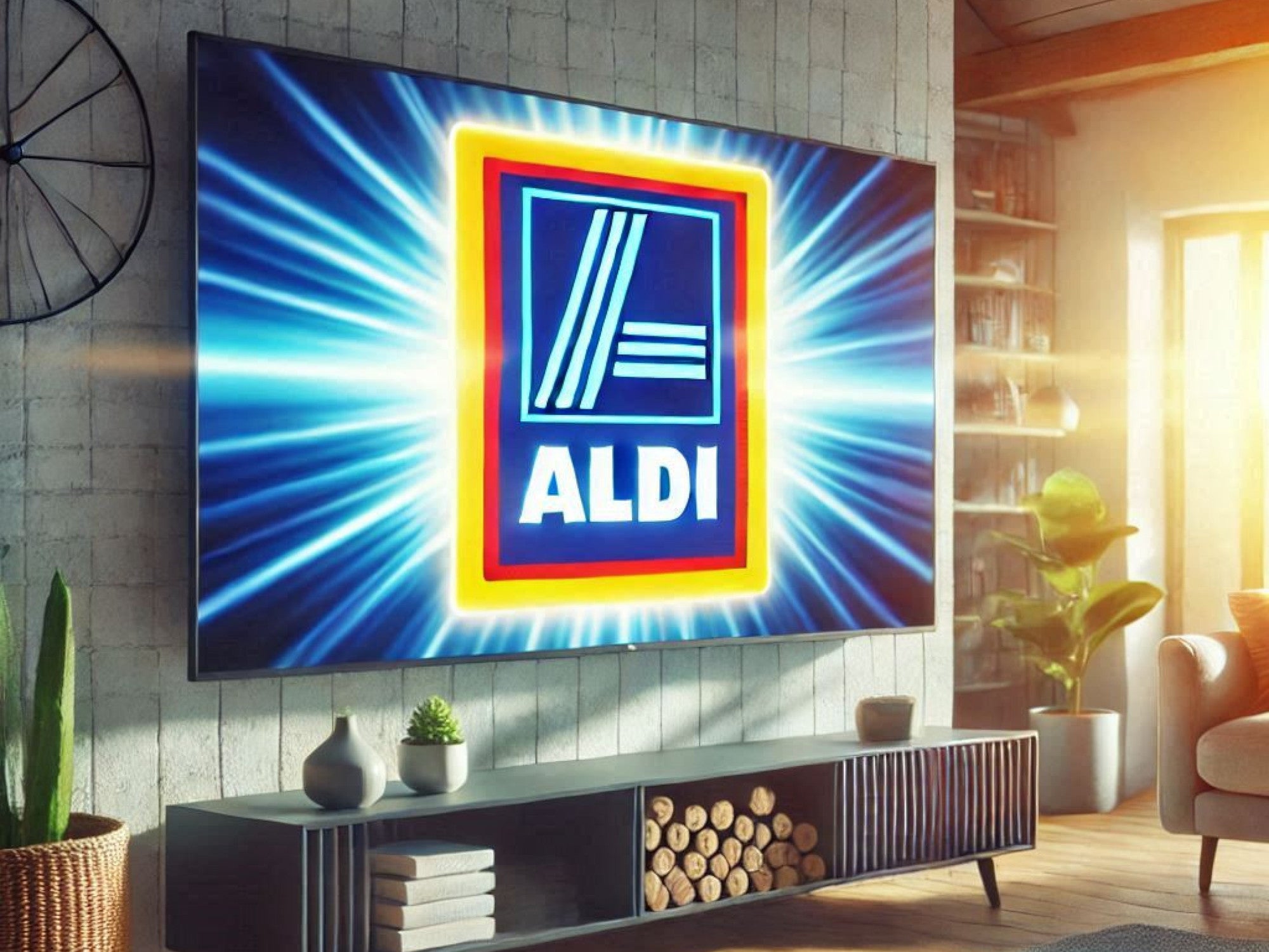 Fernseher mit Aldi-Logo in einem Wohnzimmer.