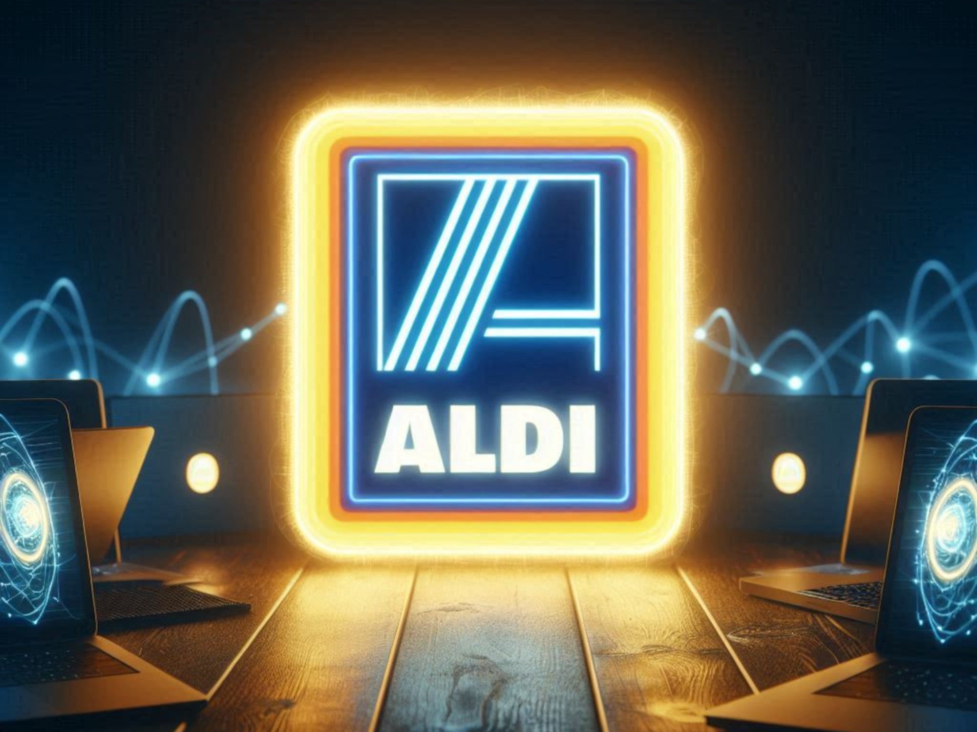 Glühendes Aldi-Logo im Umfeld von Notebooks vor dunklem HIntergrund.