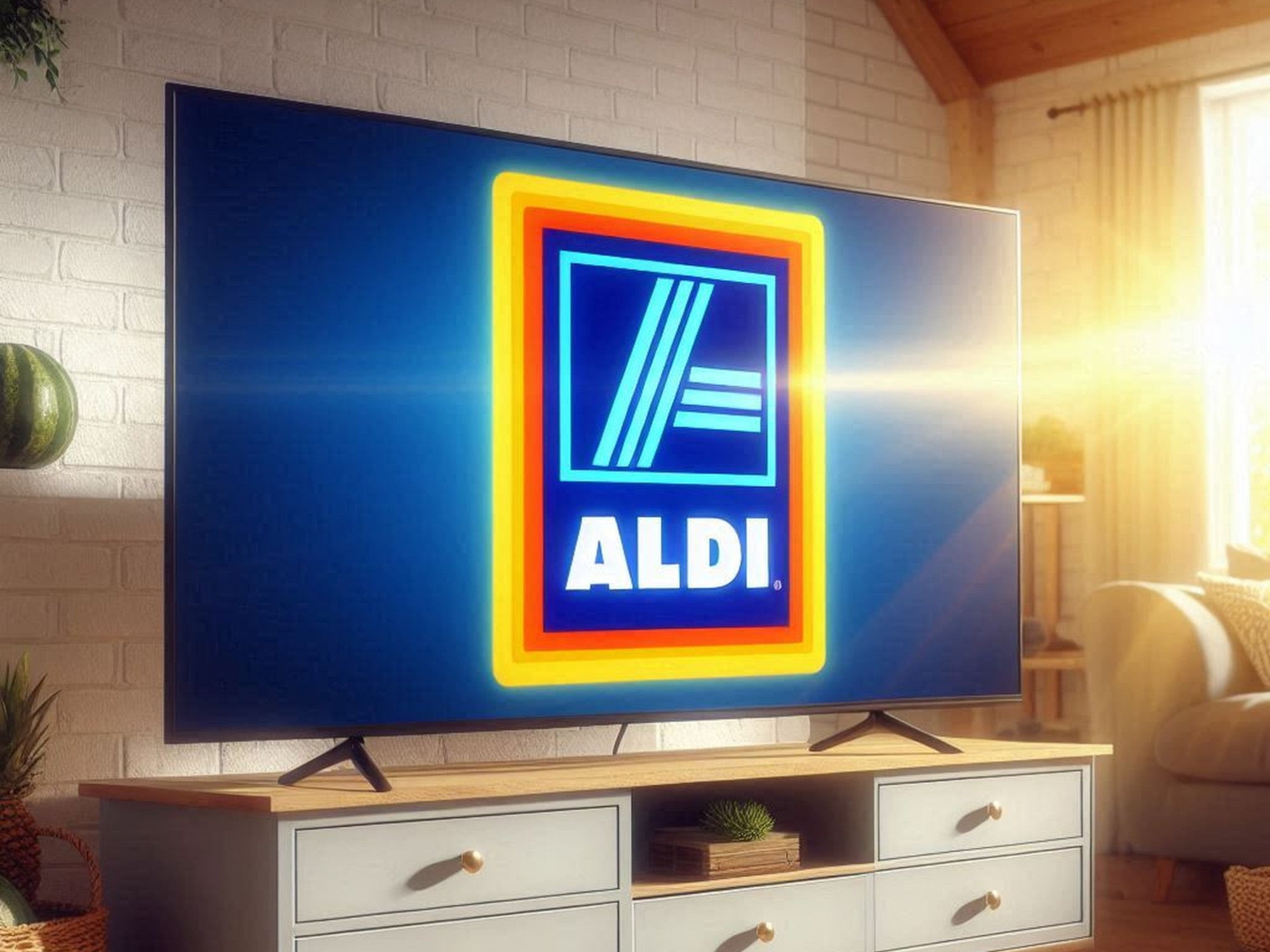 Fernseher mit Aldi-Logo steht auf einer Kommode in einem Wohnzimmer im Sonnenlicht.