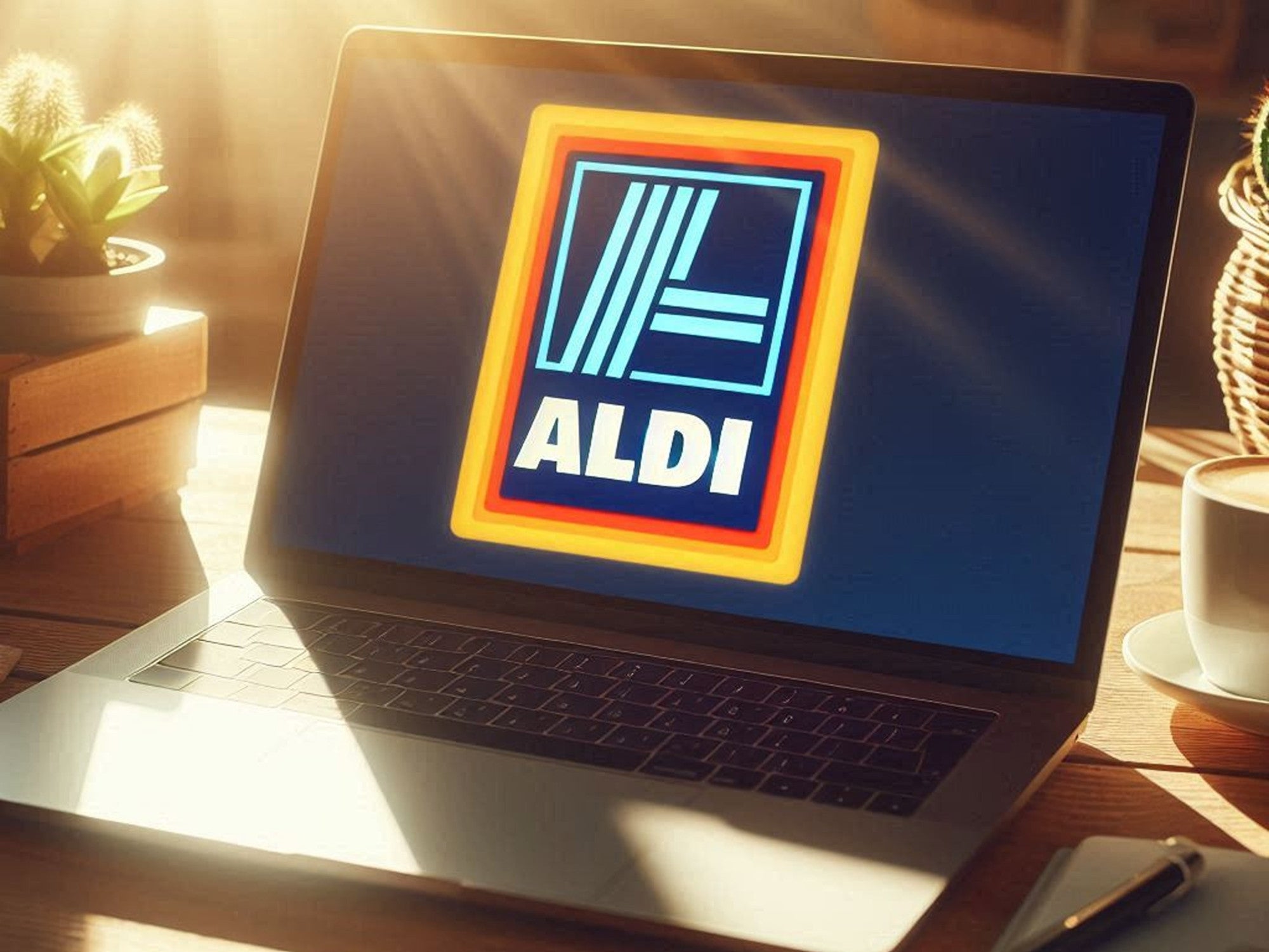 Laptop steht auf einem Schreibtisch im Sonnenlicht, auf dem Display ist das Aldi-Logo zu sehen.