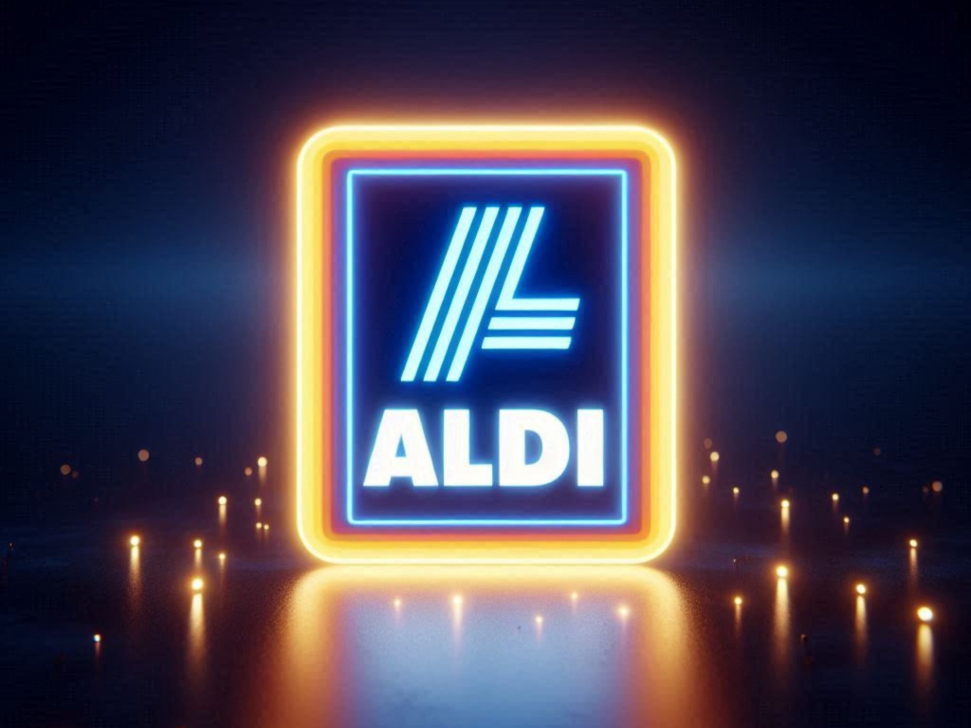 Glühendes Aldi-Logo vor dunklem Hintergrund.