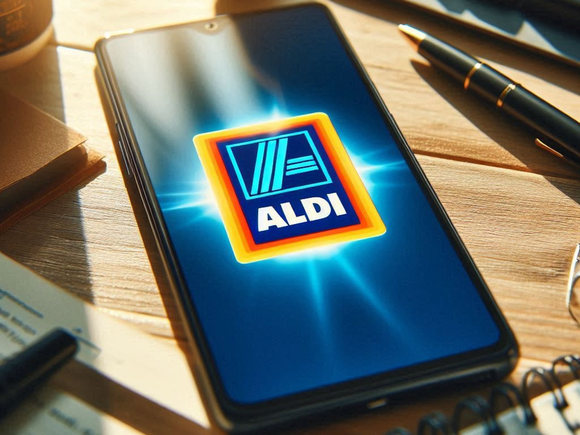 Smartphone mit dem Logo von Aldi liegt im Sonnenlicht auf einem Schreibtisch.