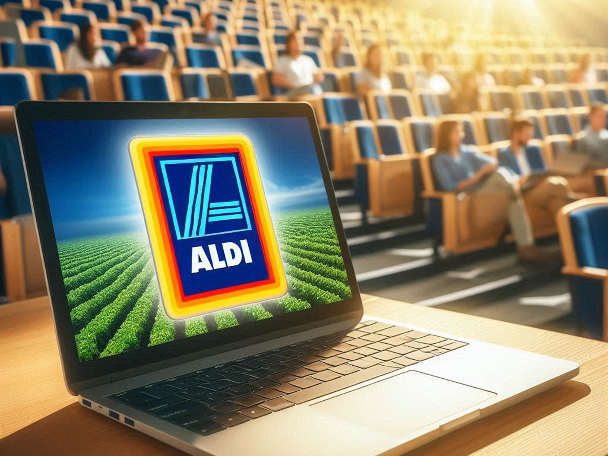 Notebook mit dem Logo von Aldi auf dem Display in einem Hörsaal.