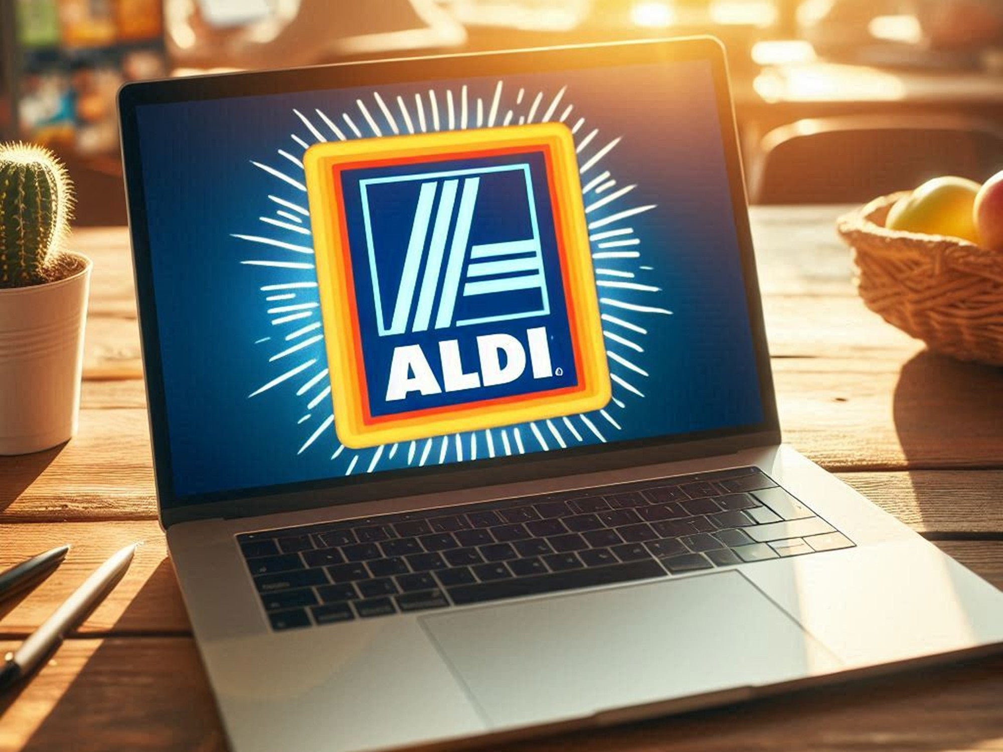 Notebook mit Aldi-Logo auf dem Bildschirm im Sonnenlicht.