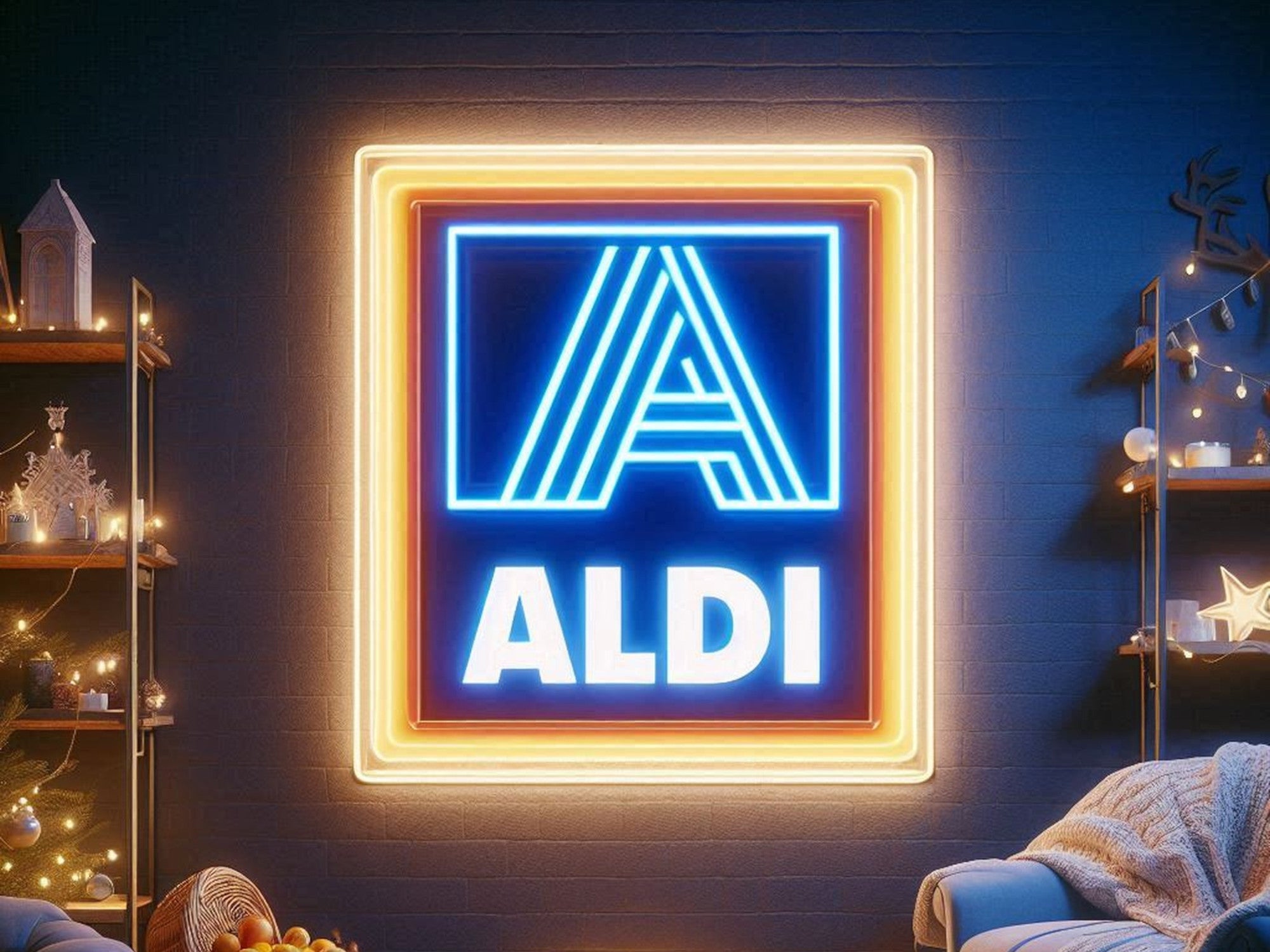 Aldi-Logo in einem Wohnzimmer.