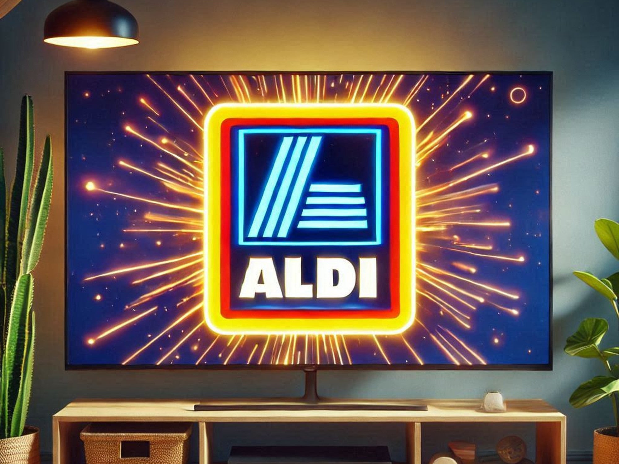 Fernseher mit Logo von Aldi auf dem Display.