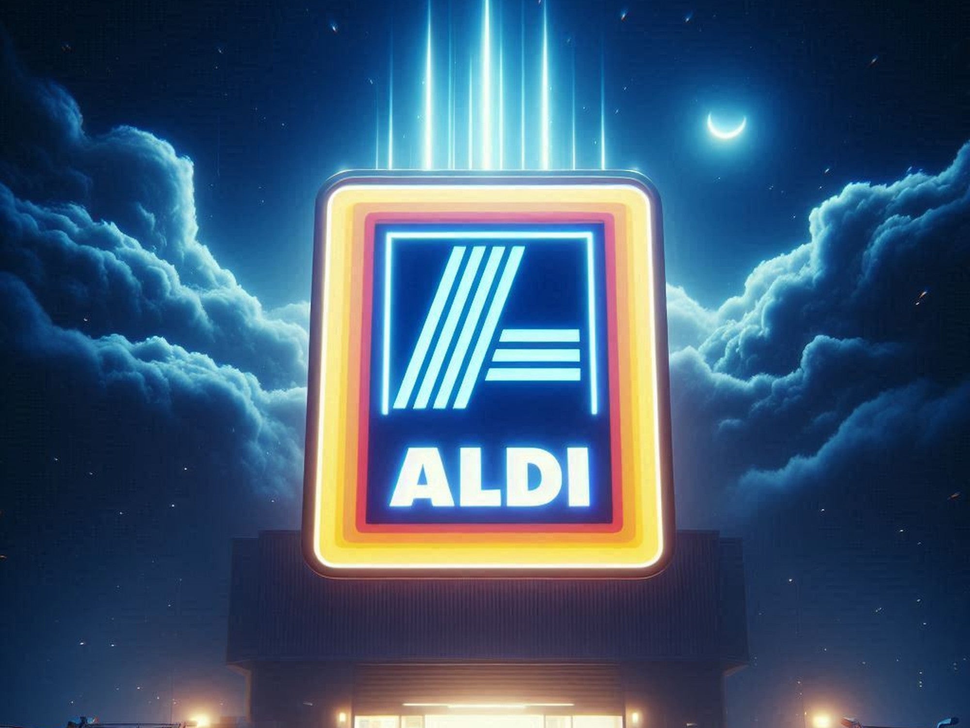 Glühendes Aldi-Logo vor einem dunklen Hintergrund.