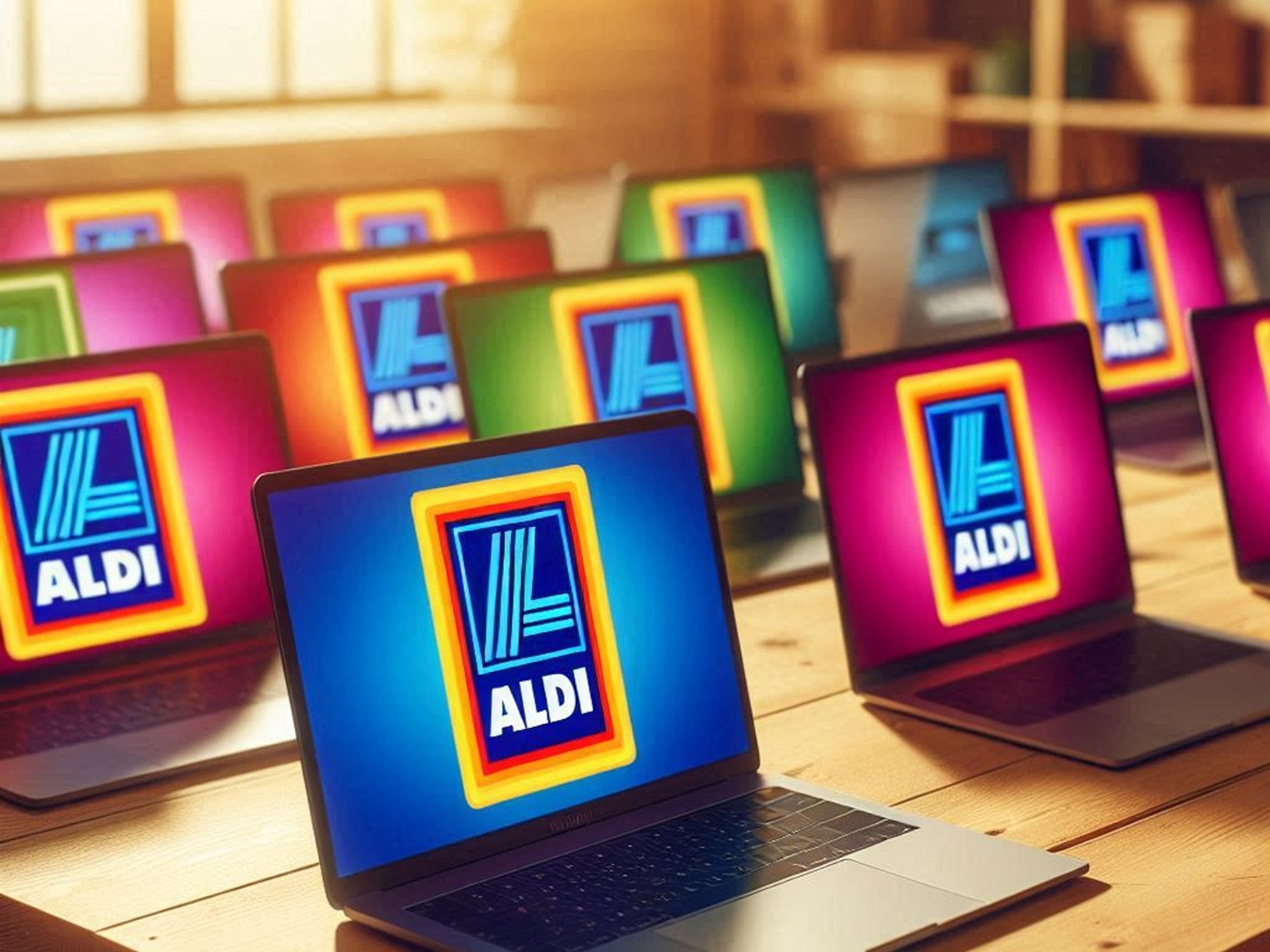 Notebooks mit Logo von Aldi-Süd auf dem Display auf einem Tisch im Sonnenlicht.