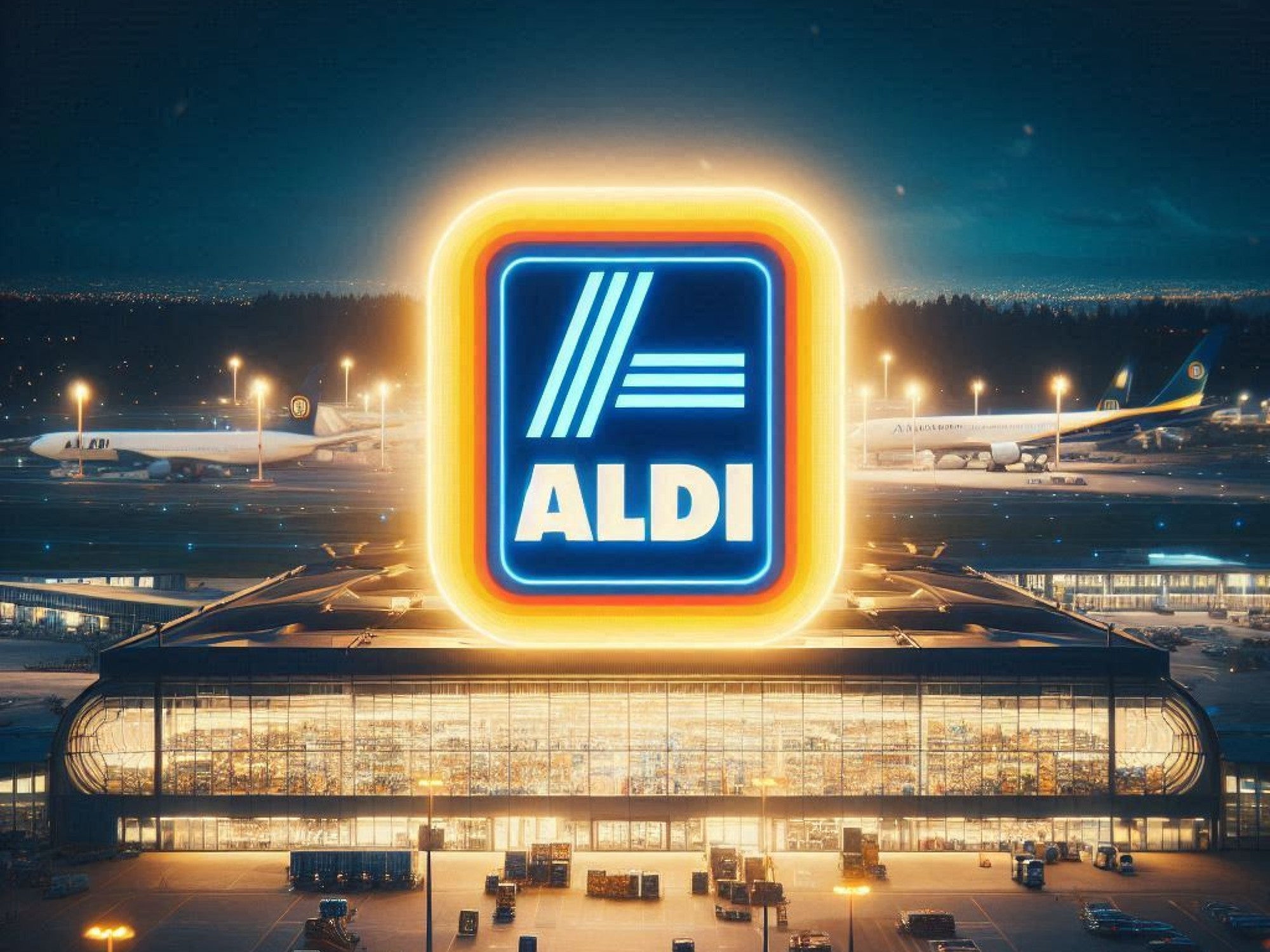 Glühendes Aldi-Logo vor einem Flughafen-Terminal.