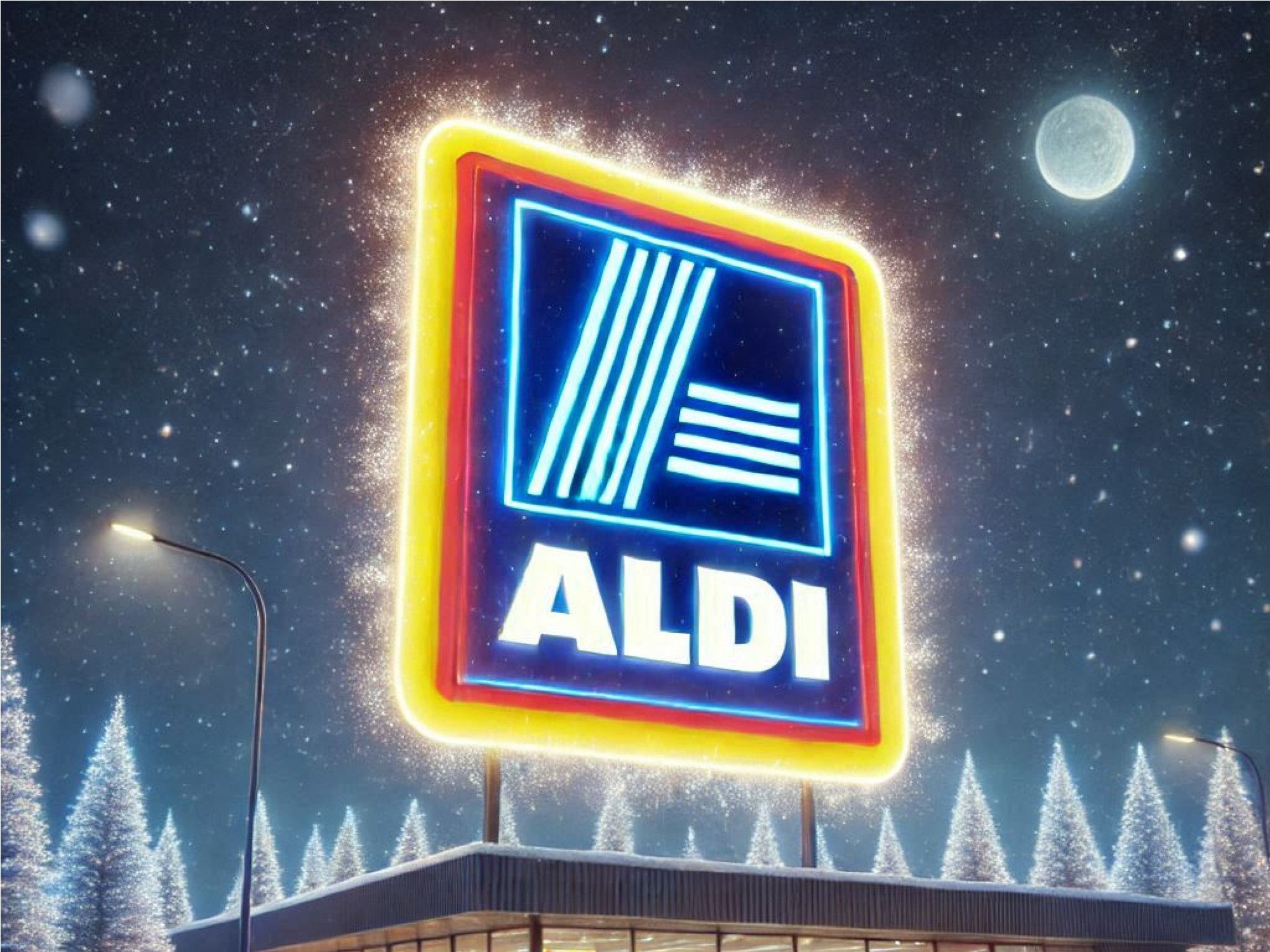 Glühendes Aldi-Logo in winterlicher Nacht.