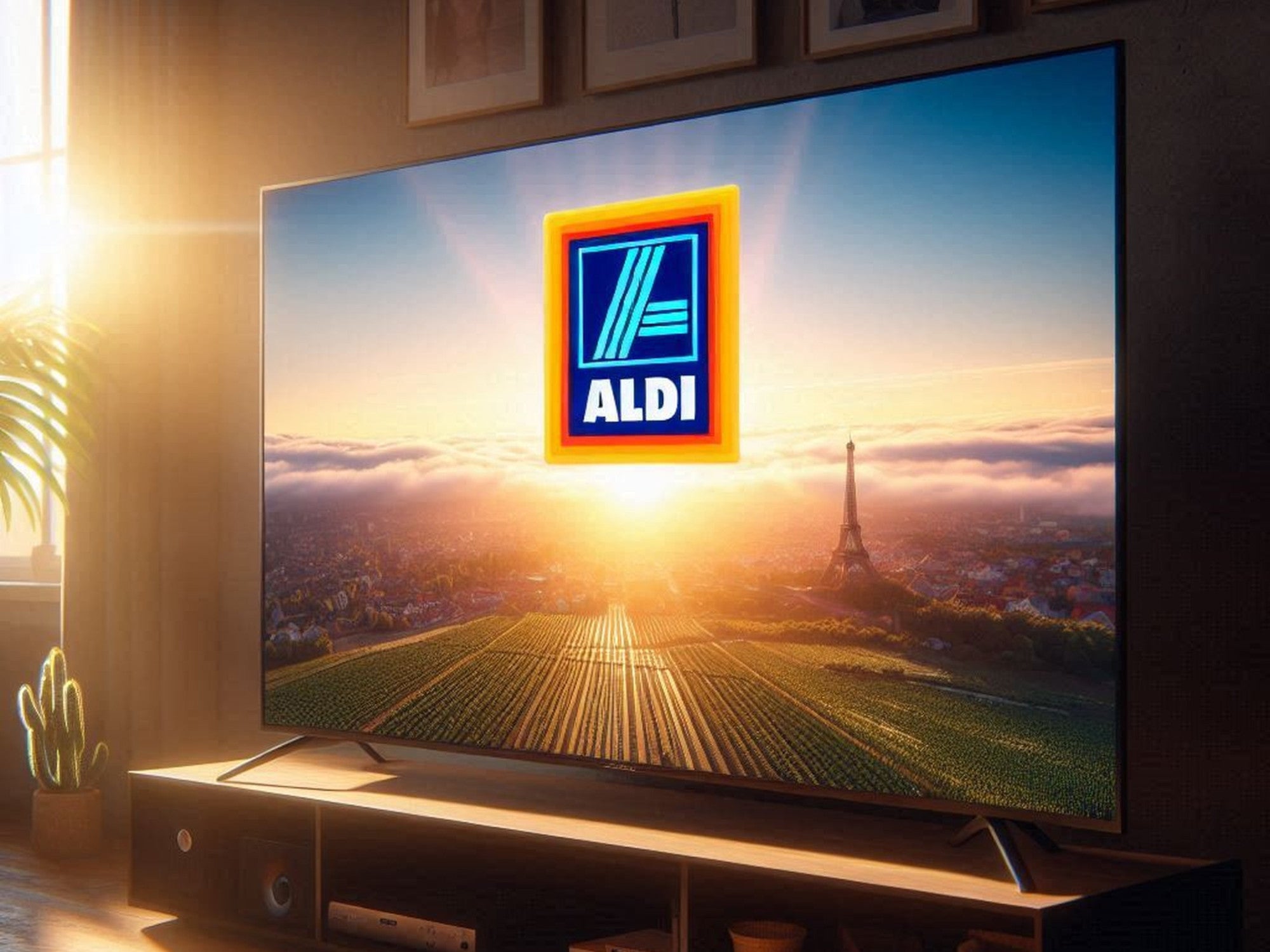 Fernseher mit dem Logo von Aldi auf dem Display.