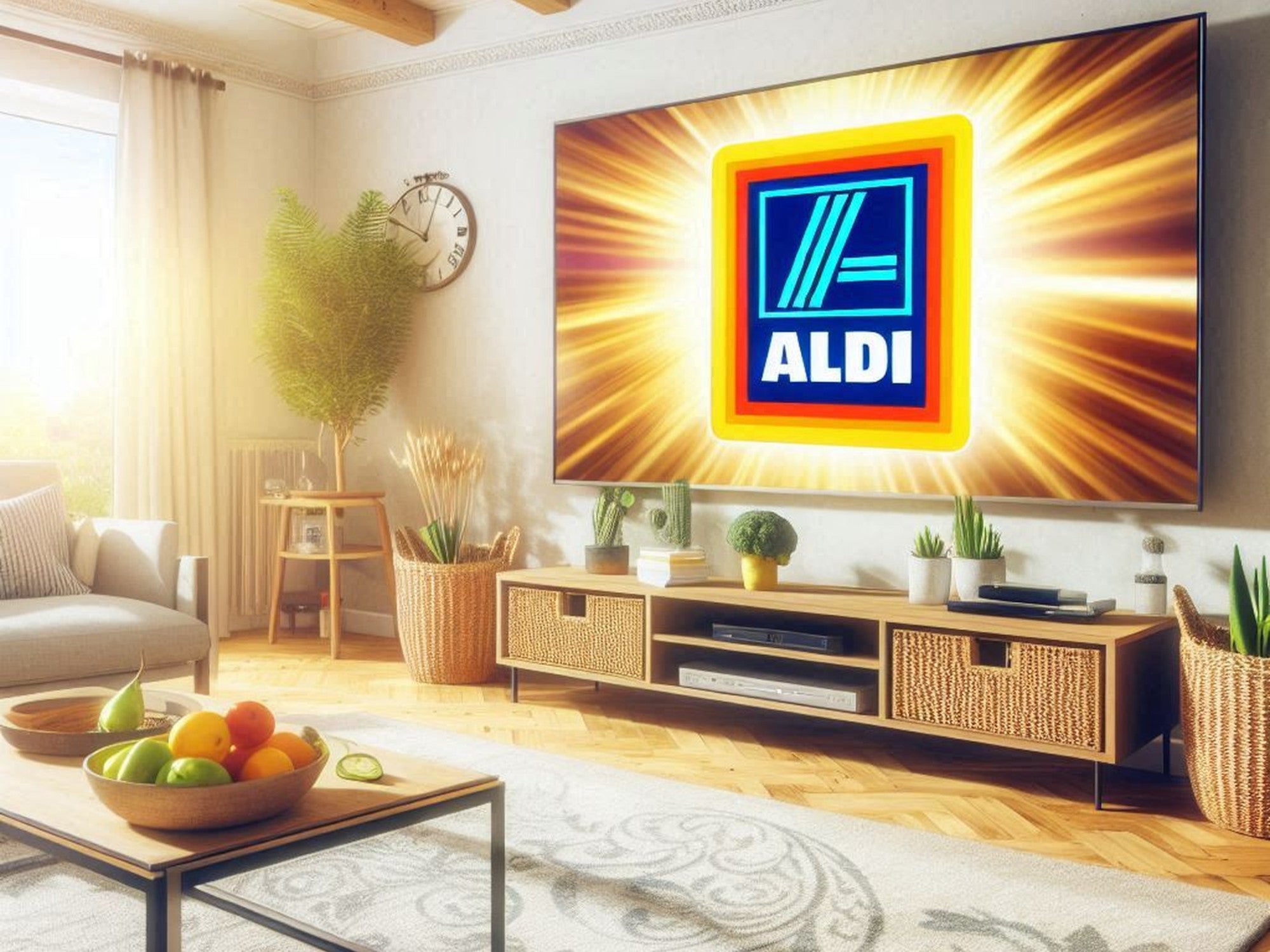 Fernseher mit dem Logo von Aldi auf dem Display in einem Wohnzimmer.