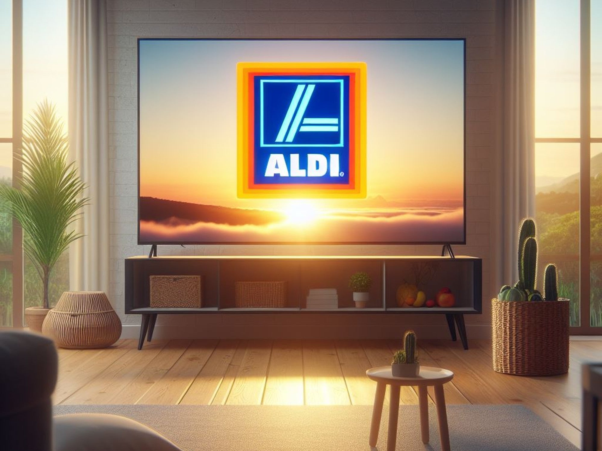 Fernseher bei in einem Wohnzimmer mit Aldi-Logo.