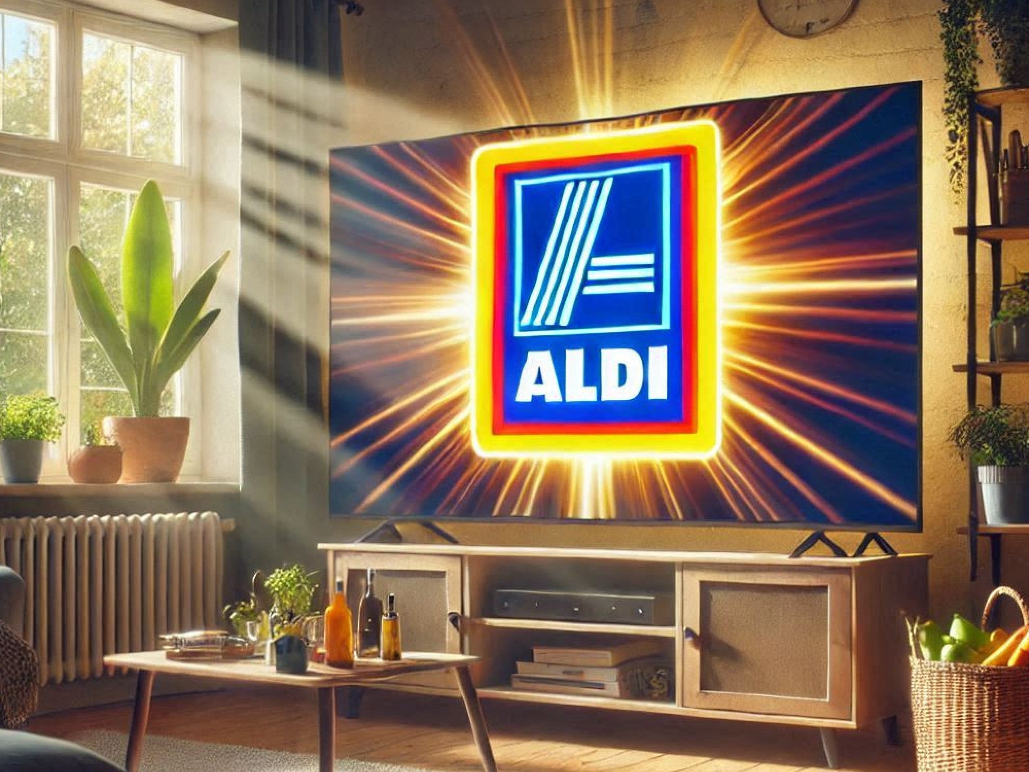 Glühendes Aldi-Logo auf einem Fernseher in einem Wohnzimmer.