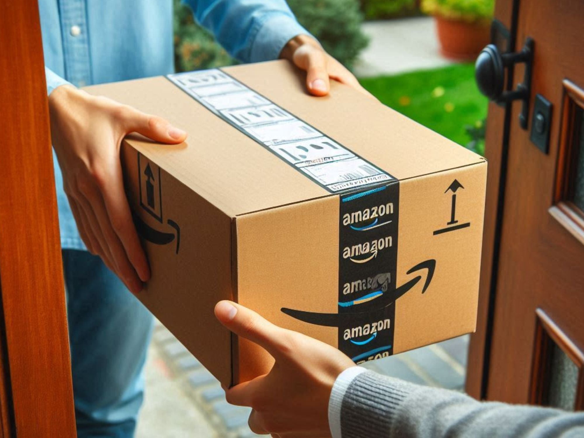 Ein Amazon-Paket wird an einer Haustüre übergeben