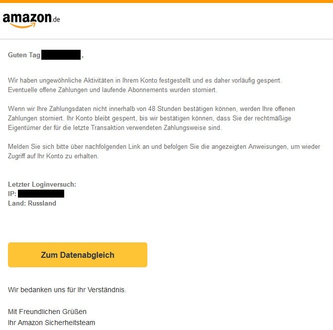 Phishing-Mail im Namen von Amazon