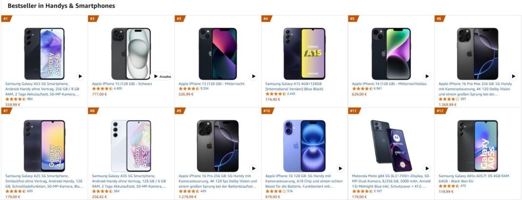 Smartphone-Bestseller-Liste von Amazon am 3.1.2025