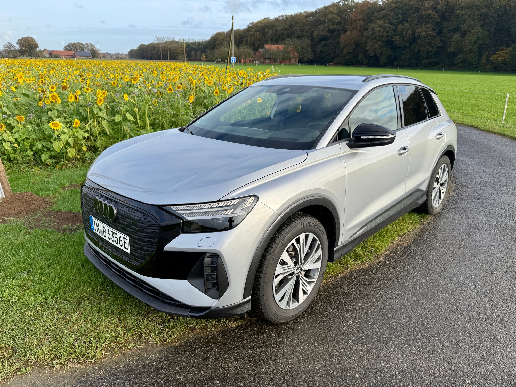 Audi Q4 e-tron steht vor einem Sonnenblumenfeld.