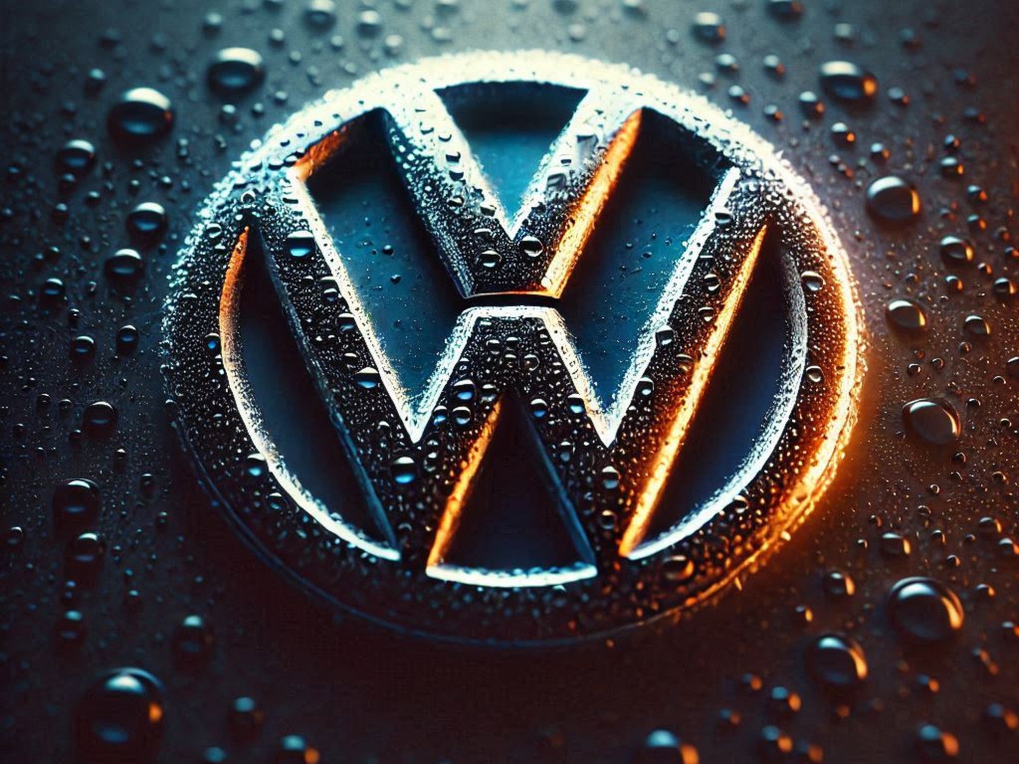 Volkswagen-Logo mit Regentropfen.