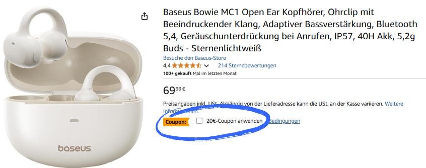 Open-Ears von Baseus bei Amazon mit einem 20-Euro-Coupon