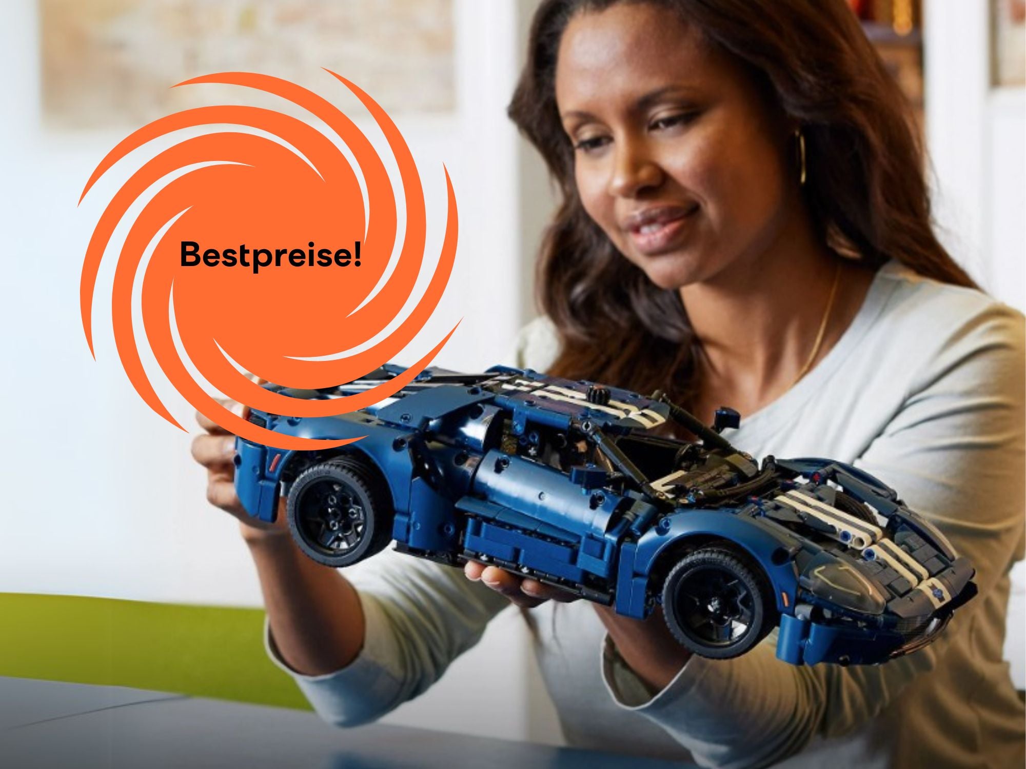 Frau begutachtet den Lego Technic Ford GT Bausatz