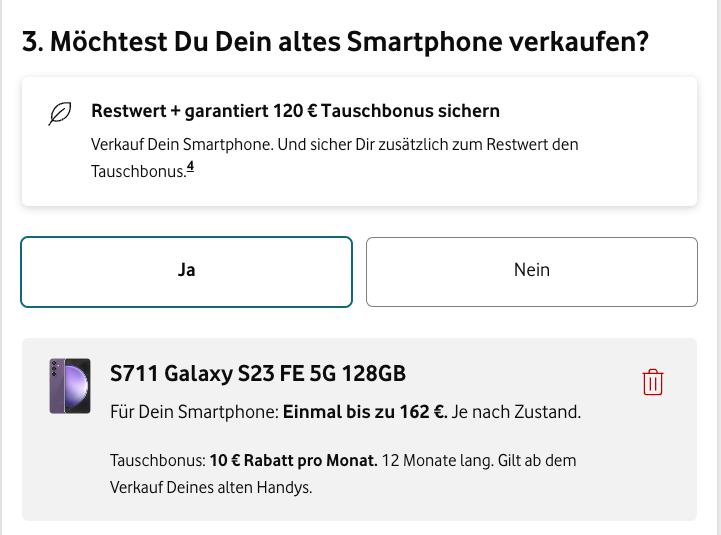 Screenshot von der Vodafone Website, Ankaufservice eines alten Smartphones