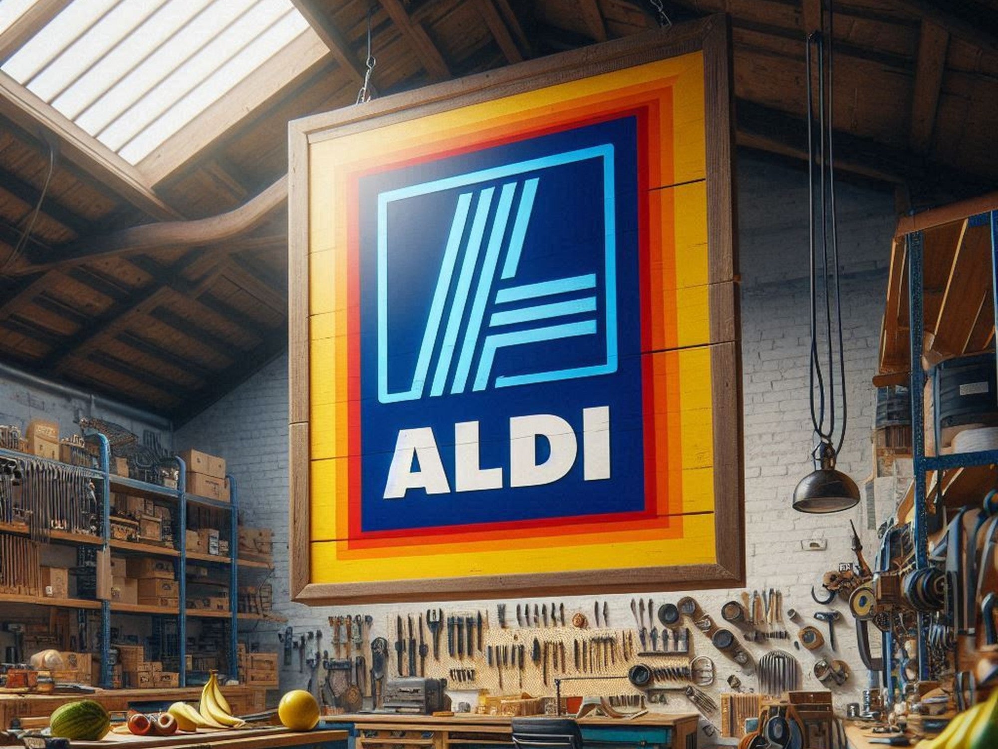 Aldi-Logo in einer Werkstatt.