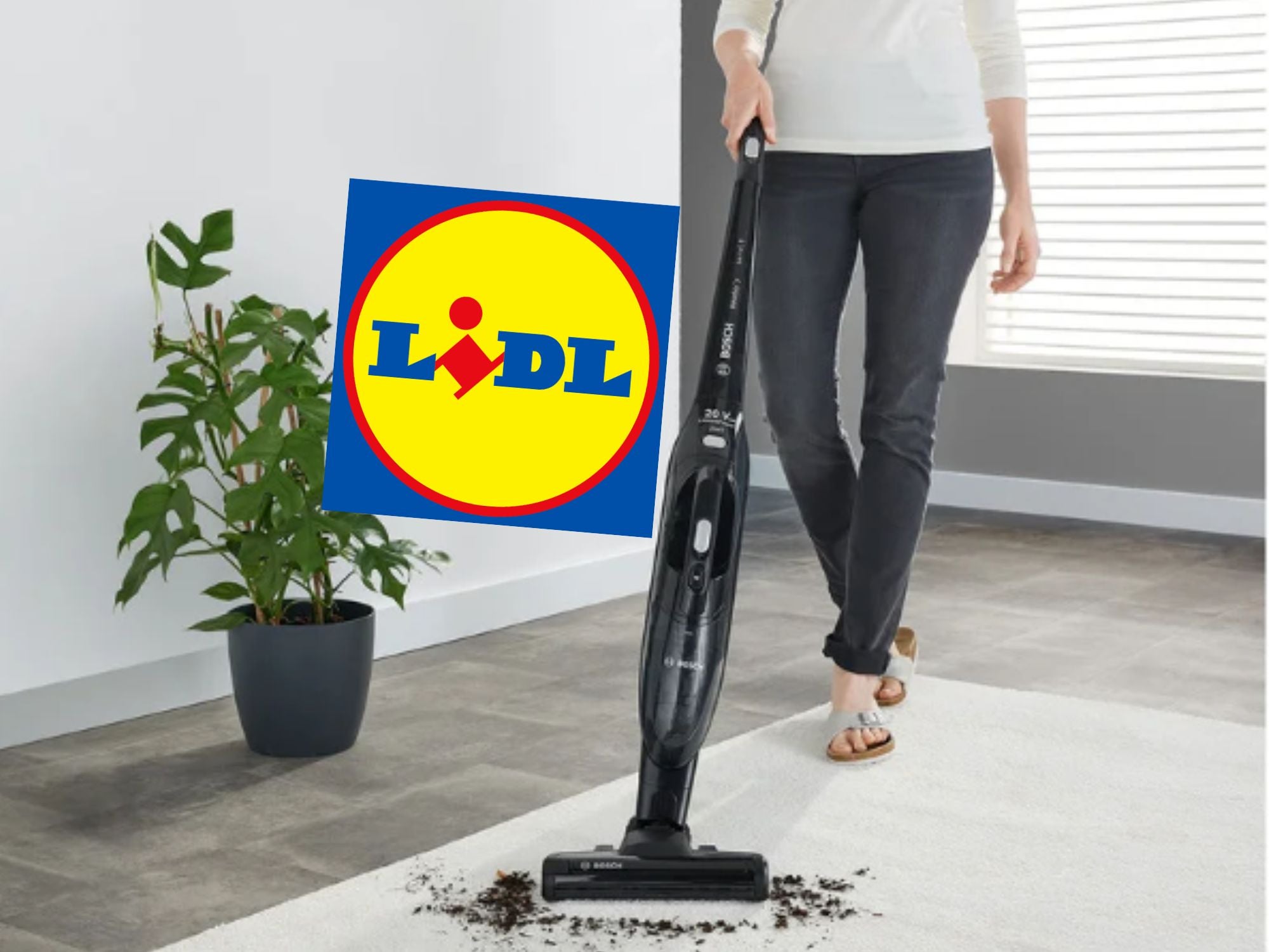 Person saugt Erde von einem Teppich mit dem Akkusauger von Bosch den es bei Lidl im Angebot gibt