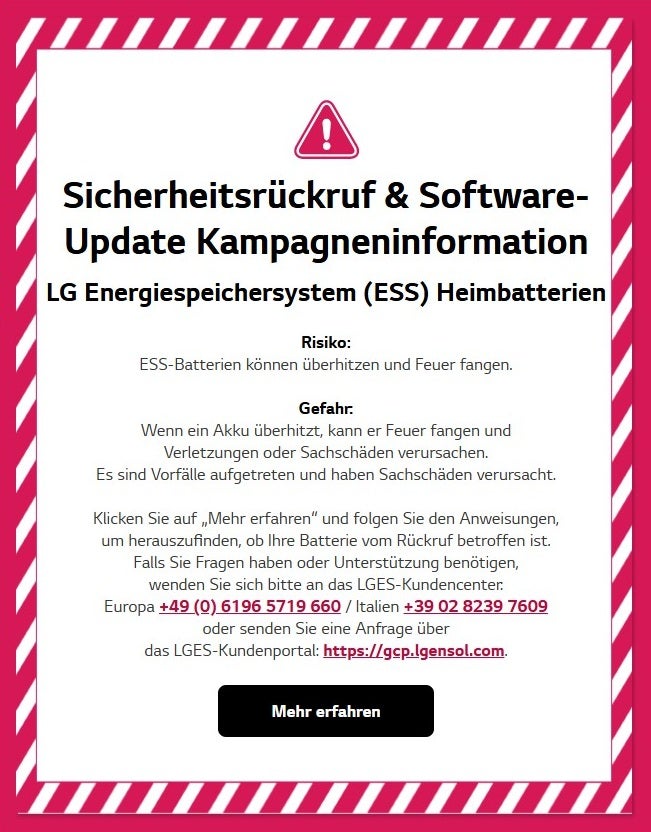 Rückrufaktion von LG zu Stromspeichern