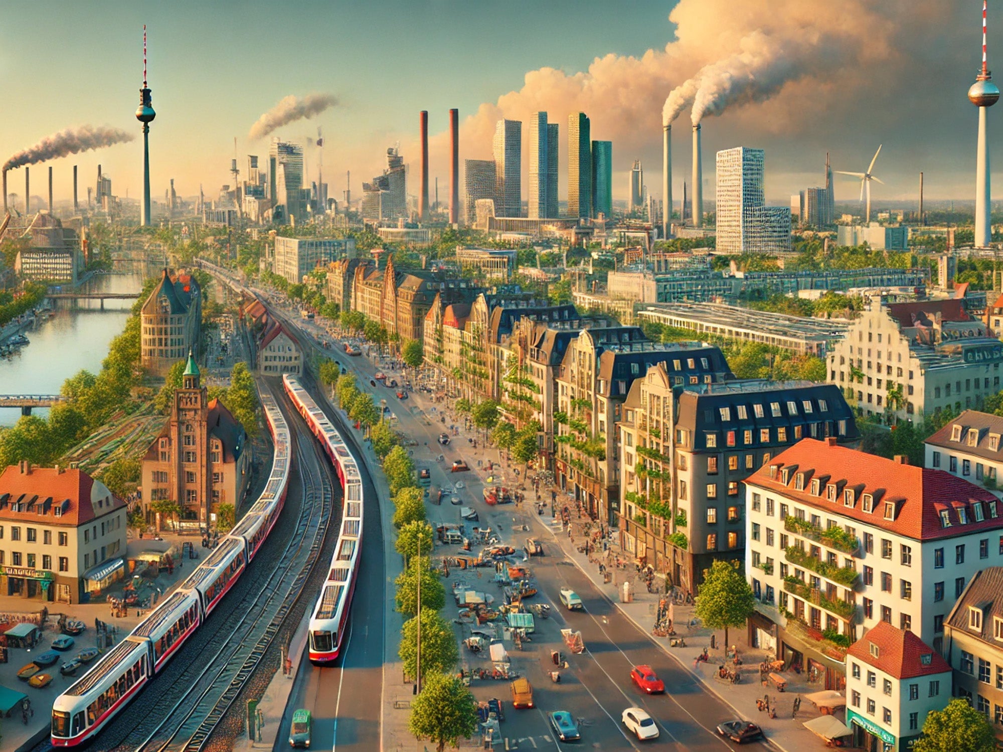 Eine Stadtansicht mit einem Fluss, Bahngleisen, Industriegebäuden und einem Fernsehturm unter einem rauchigen Himmel.