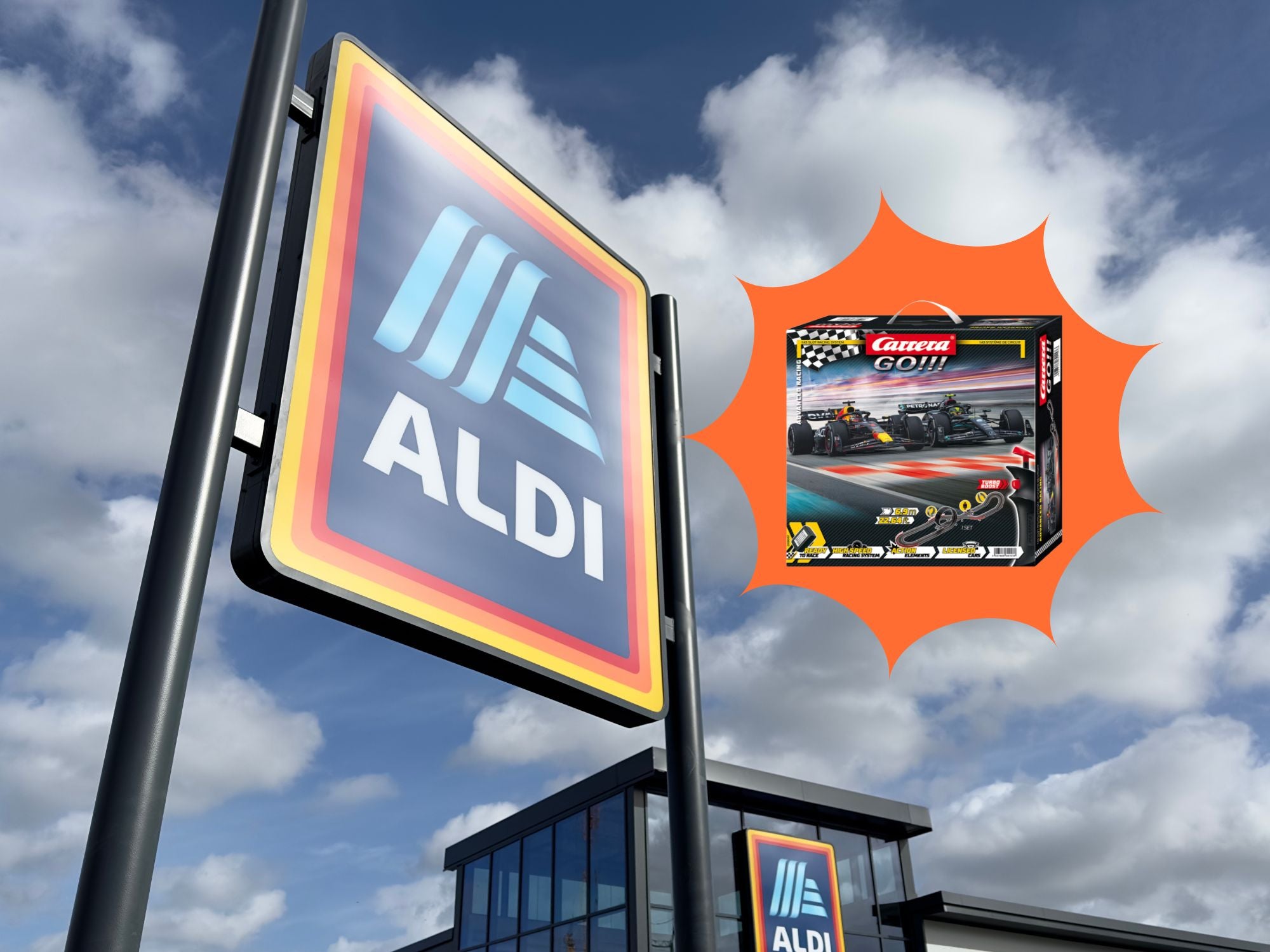 Aldi Logo eines Stores vor einem blauen Himmel