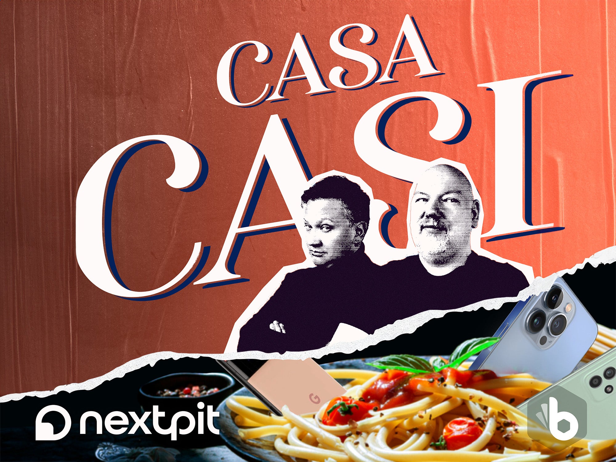 Casa-Casi-Logo, daneben Fabi und Casi und im Vordergrund ein Teller mit Spaghetti und Smartphones