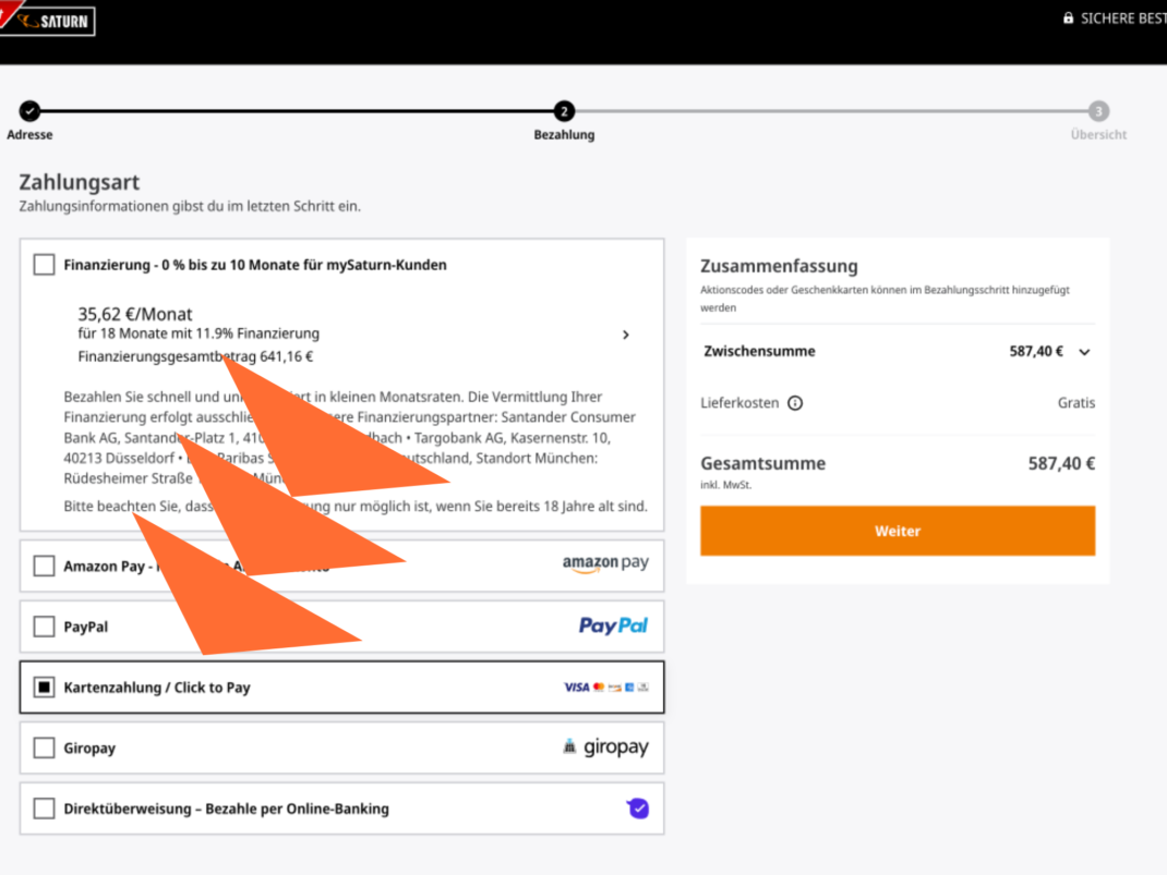 Warenkorb von Saturn mit Pfeil auf die Option "Click to Pay"