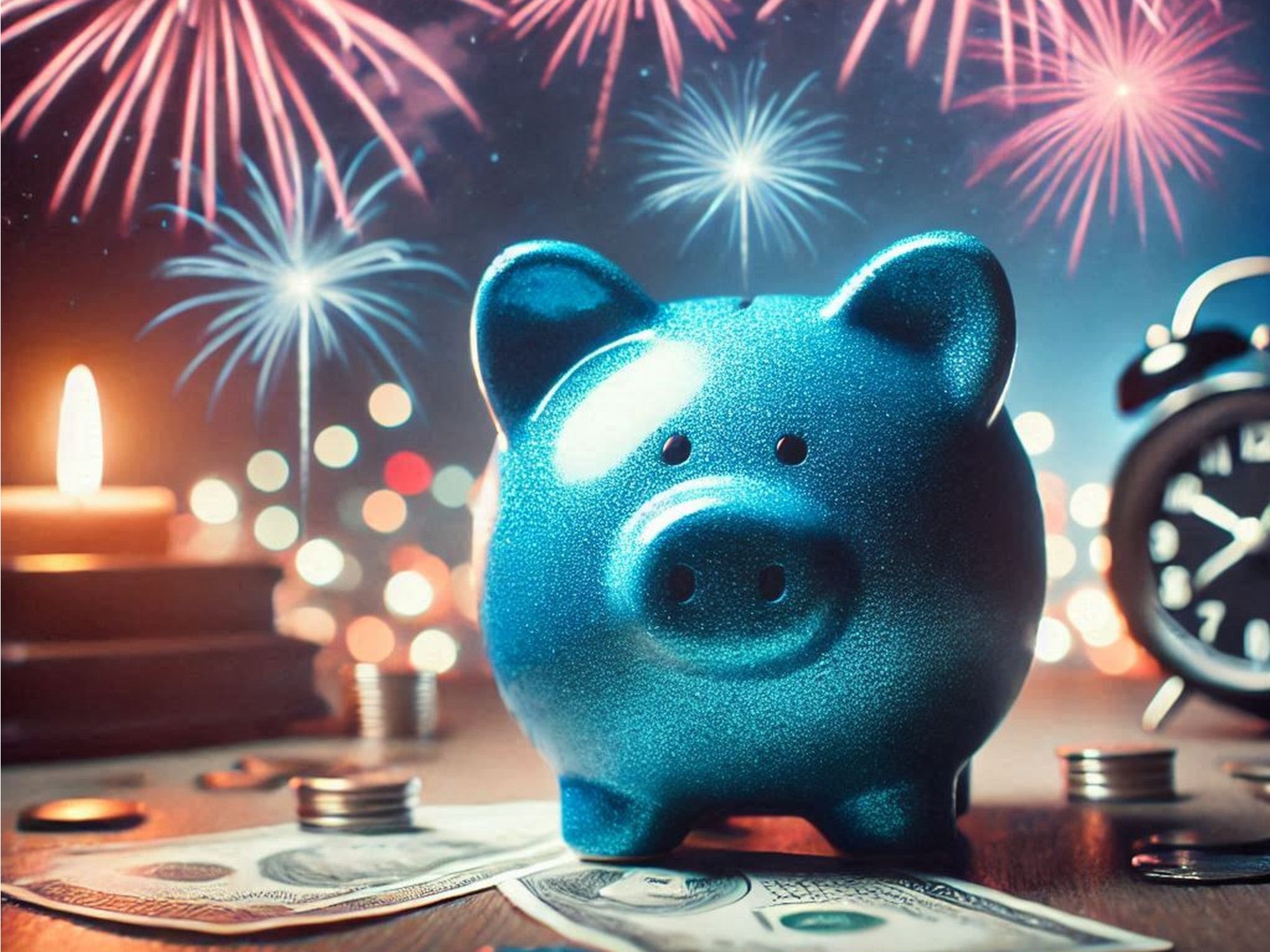 Blaues Sparschwein vor einem Feuerwerk.