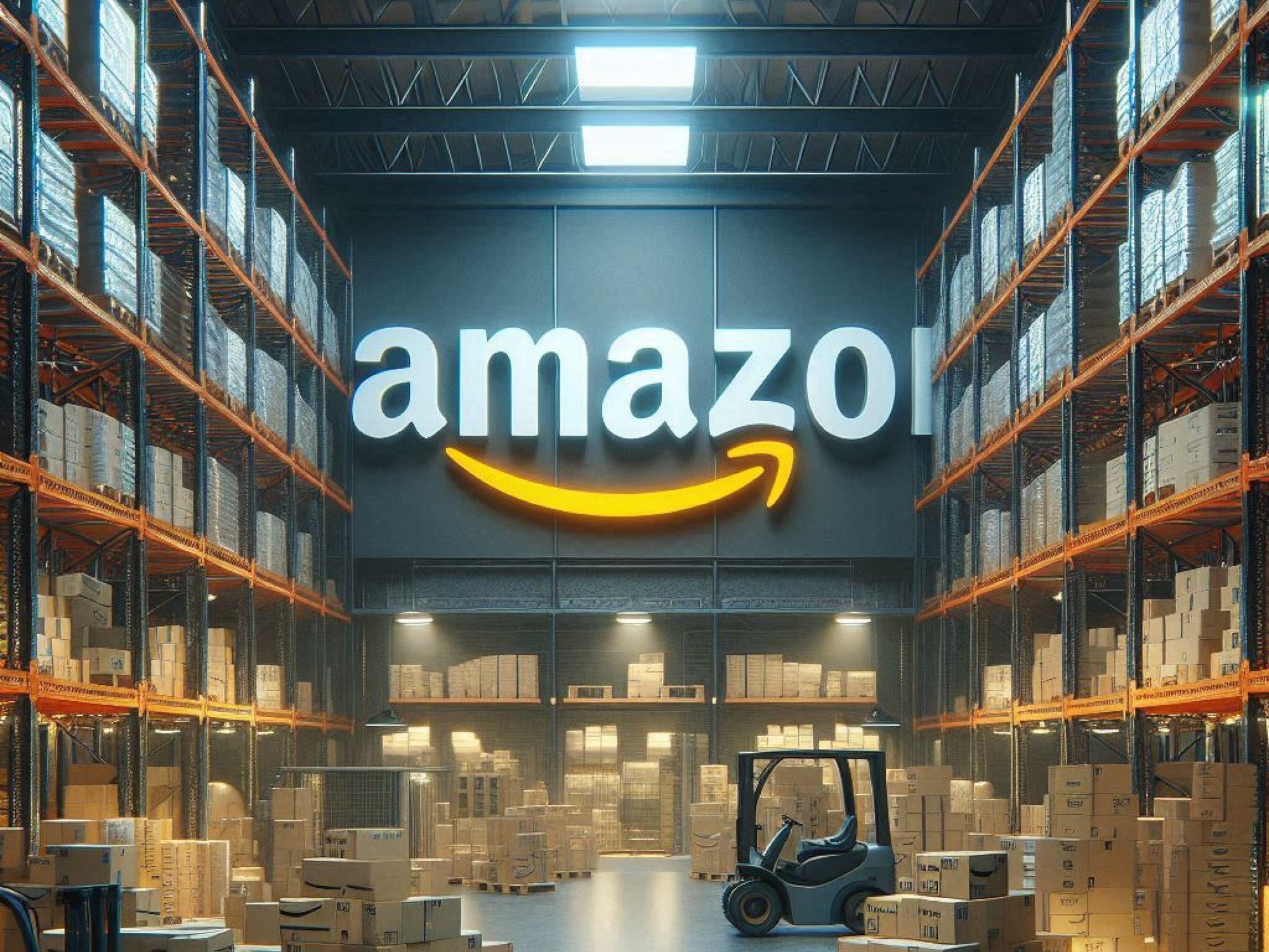 Amazon-Logo in einem Großregallager.