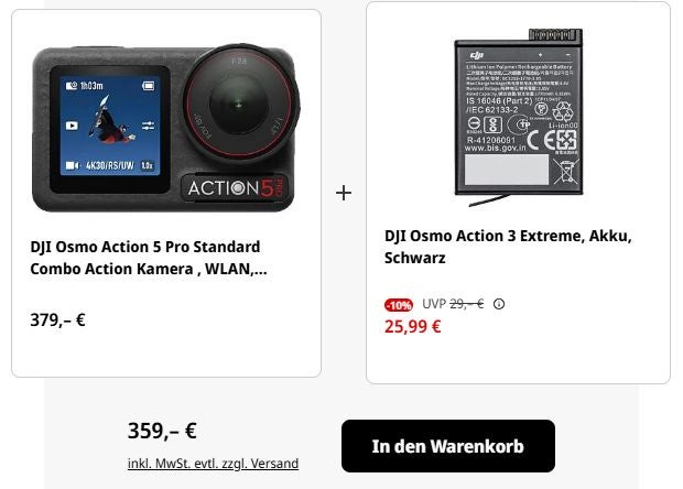 Kombi-Angebot zur DJI Osmo 5 Action-Cam, die in der Kombination mit Ersatz-Akku günstiger ist, als ohne den Akku.