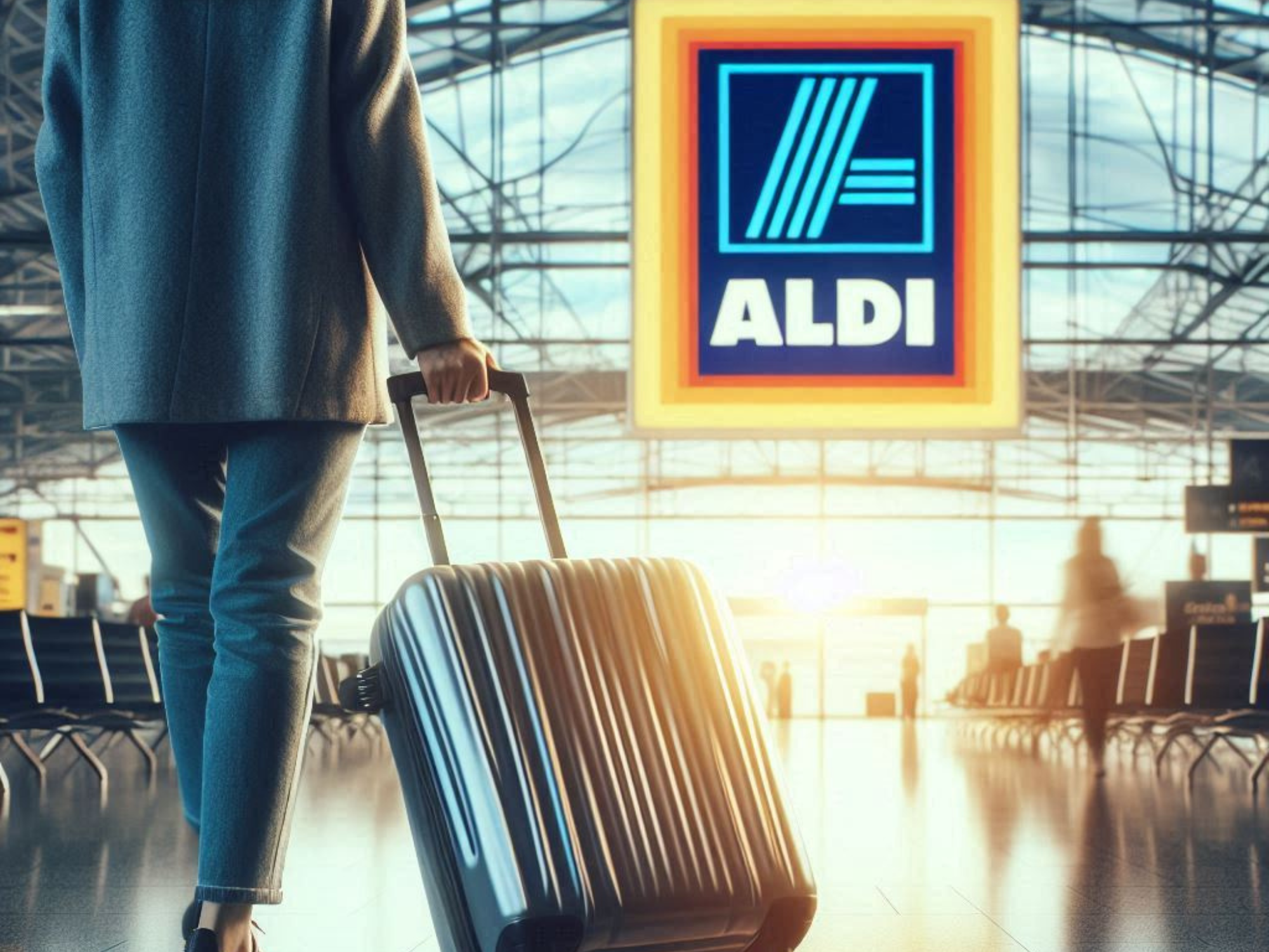 Eine Person zieht einen Koffer durch den Flughafen, im Hintergrund ist das Aldi-Logo groß zu sehen.